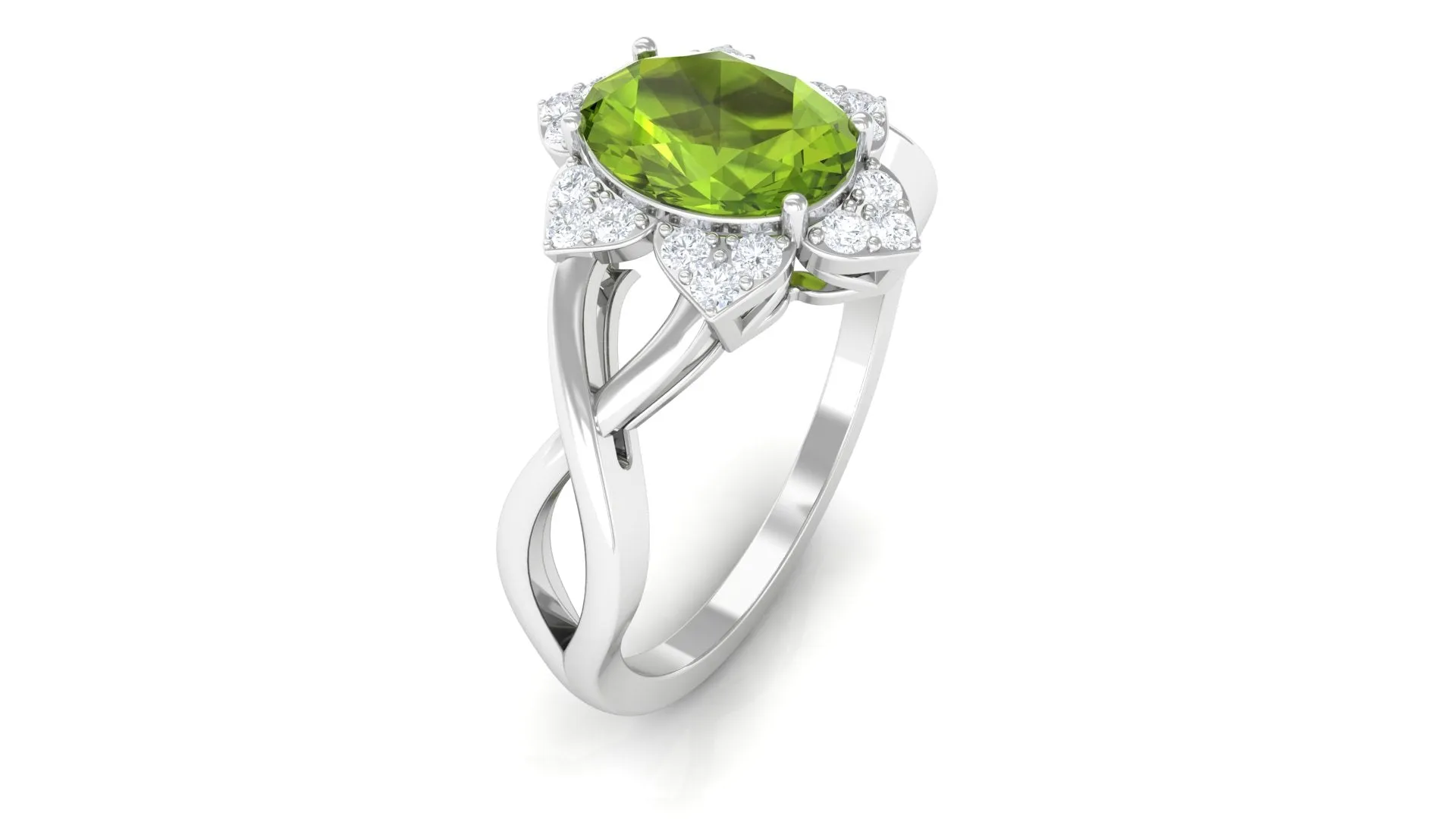 1.25 CT Oval Cut Peridot Solitaire Ring with Diamond Accent