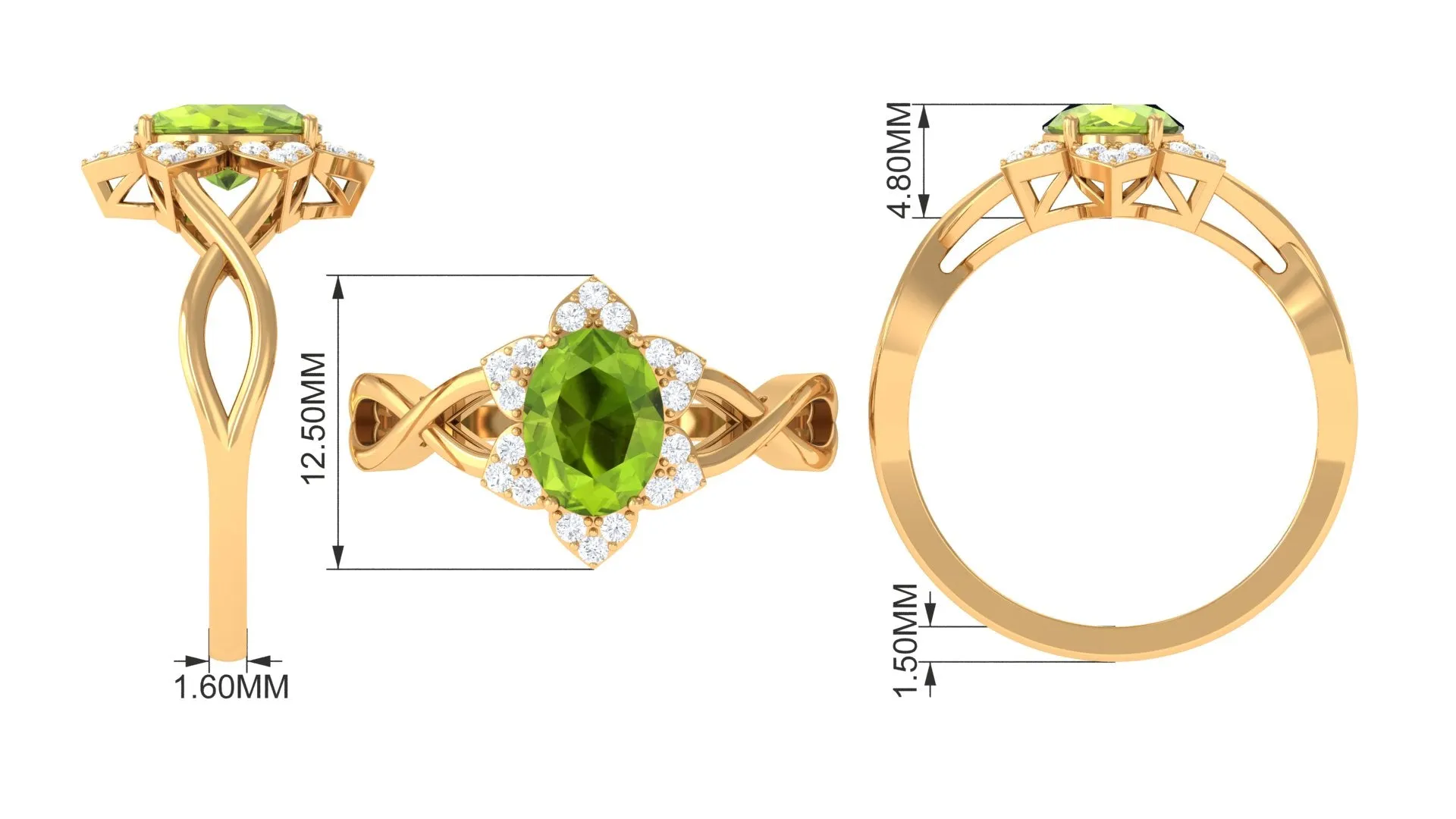 1.25 CT Oval Cut Peridot Solitaire Ring with Diamond Accent