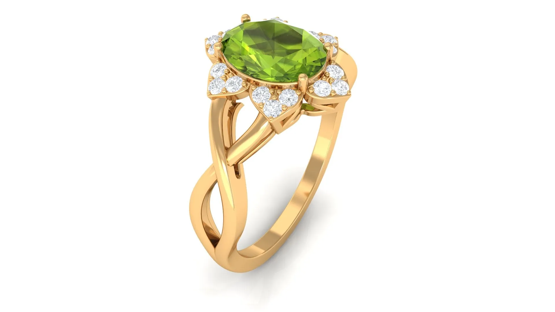 1.25 CT Oval Cut Peridot Solitaire Ring with Diamond Accent