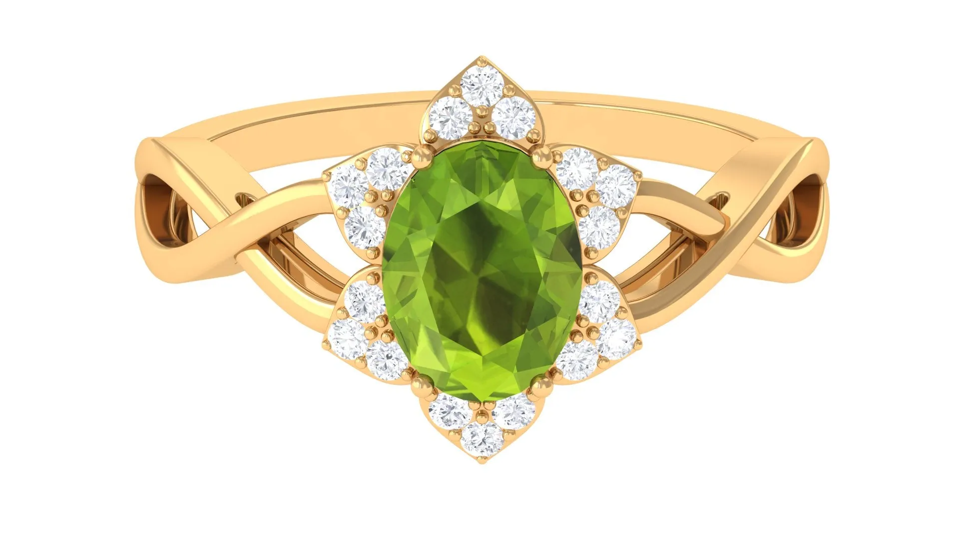 1.25 CT Oval Cut Peridot Solitaire Ring with Diamond Accent