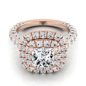 14K Rose Gold Princess Cut Diamond Bold and Fancy Double Halo French Pave Engagement Ring -2ctw