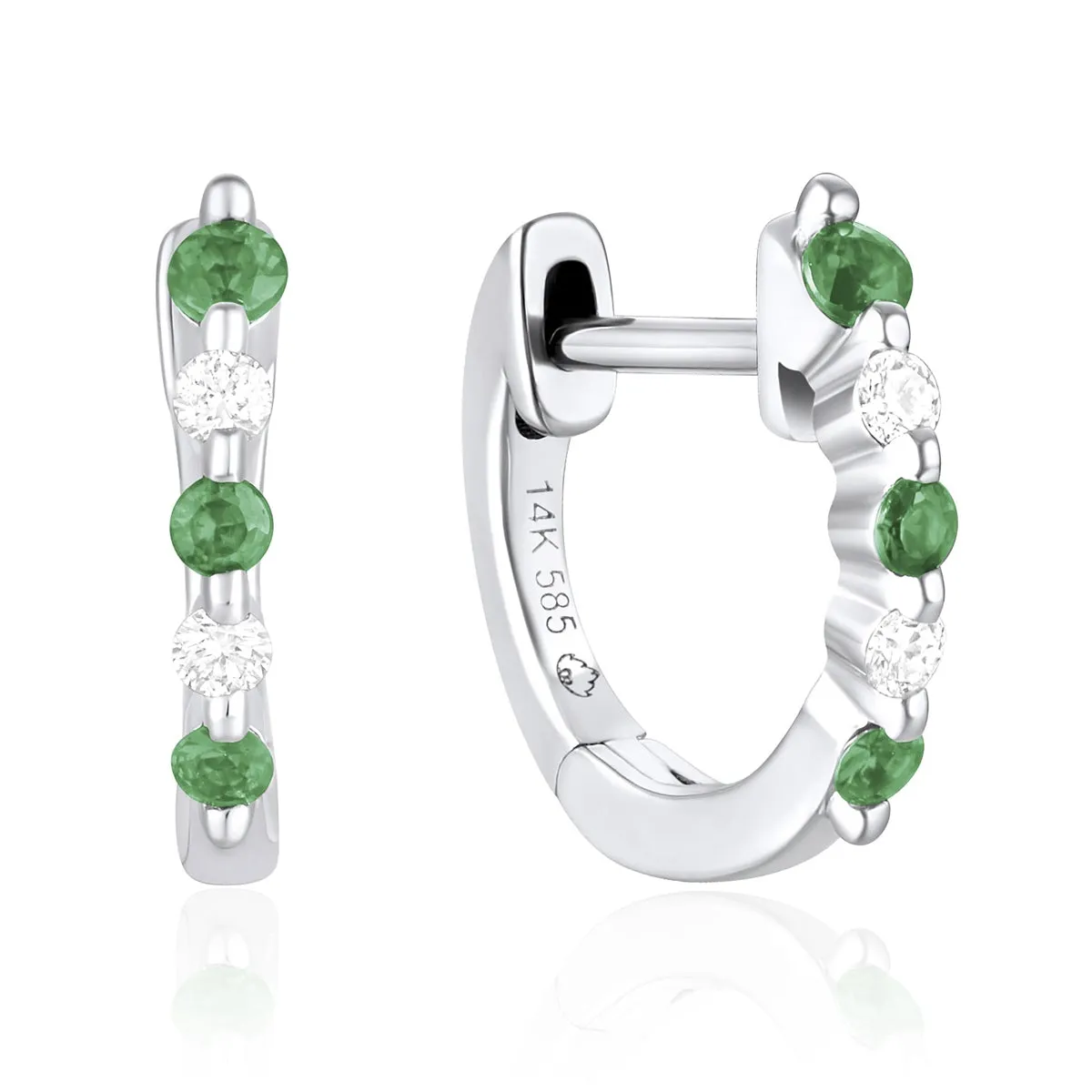 14K White Gold Emerald with Diamond Huggies