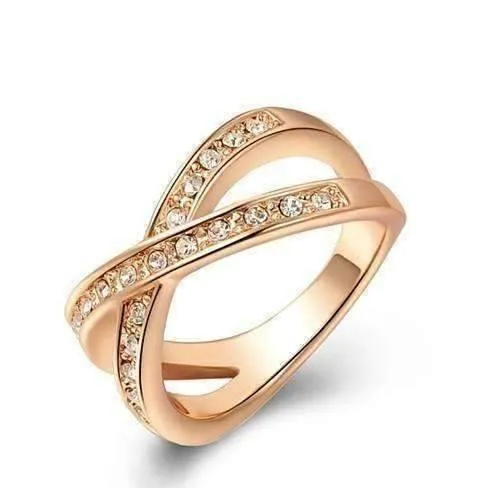 18K Gold Plated Channel Set Criss Cross Ring for Women - Elegant Crystal Stones in Rose Gold or White Gold