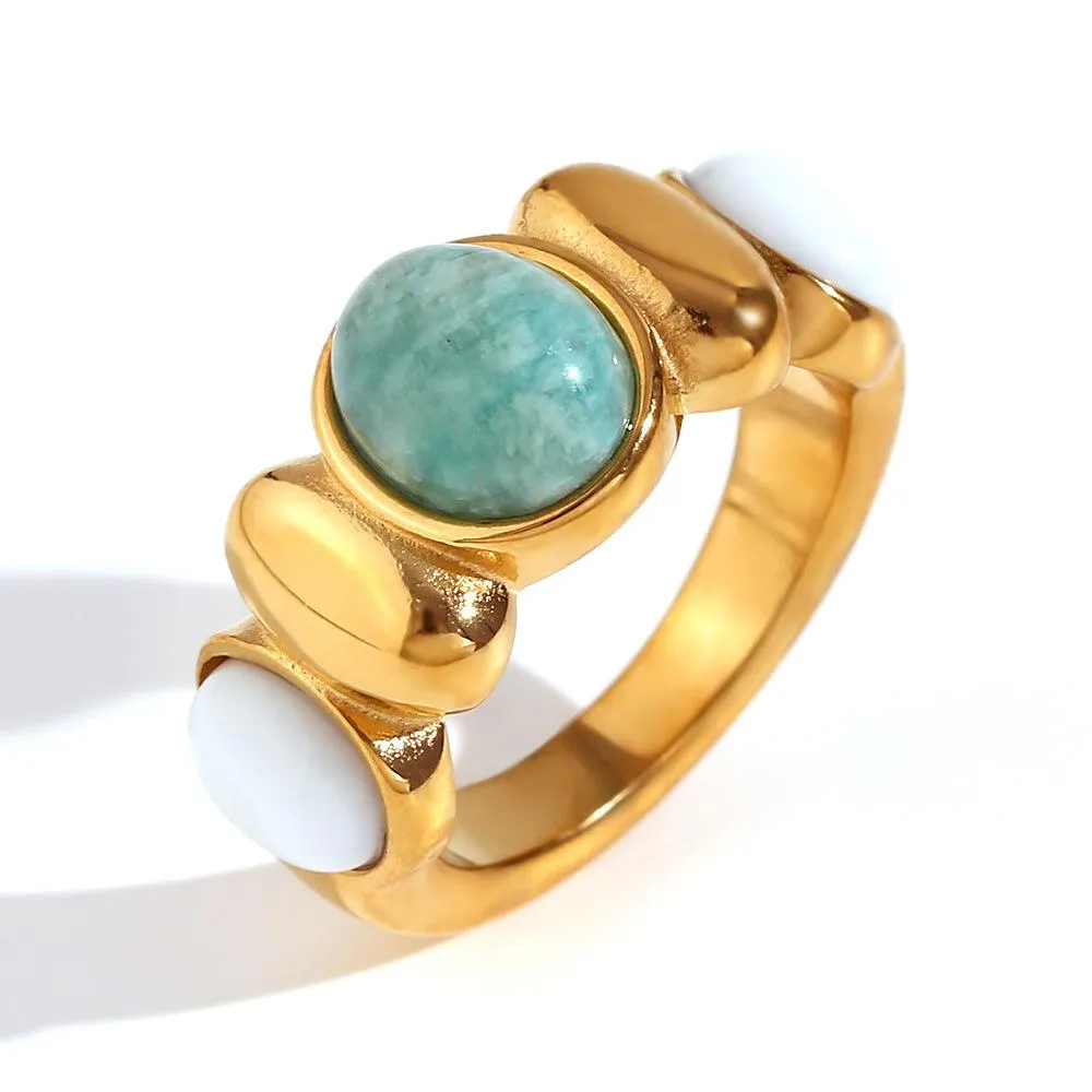 18K Gold Statement Gemstone Ring – Stainless Steel Modern Cocktail Ring for Women