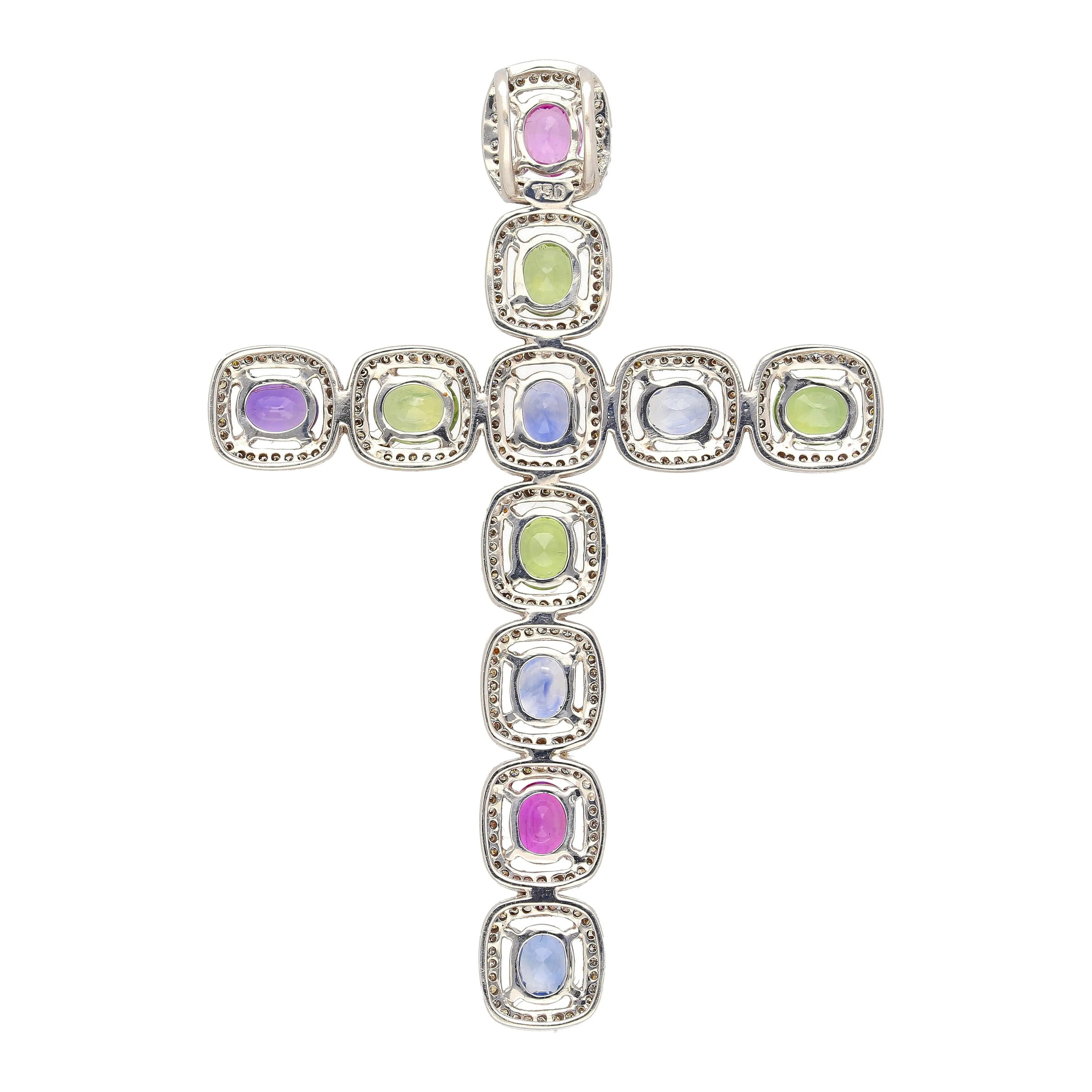 5.39 Carat Multicolored Natural Sapphire & Diamond Cross Pendant