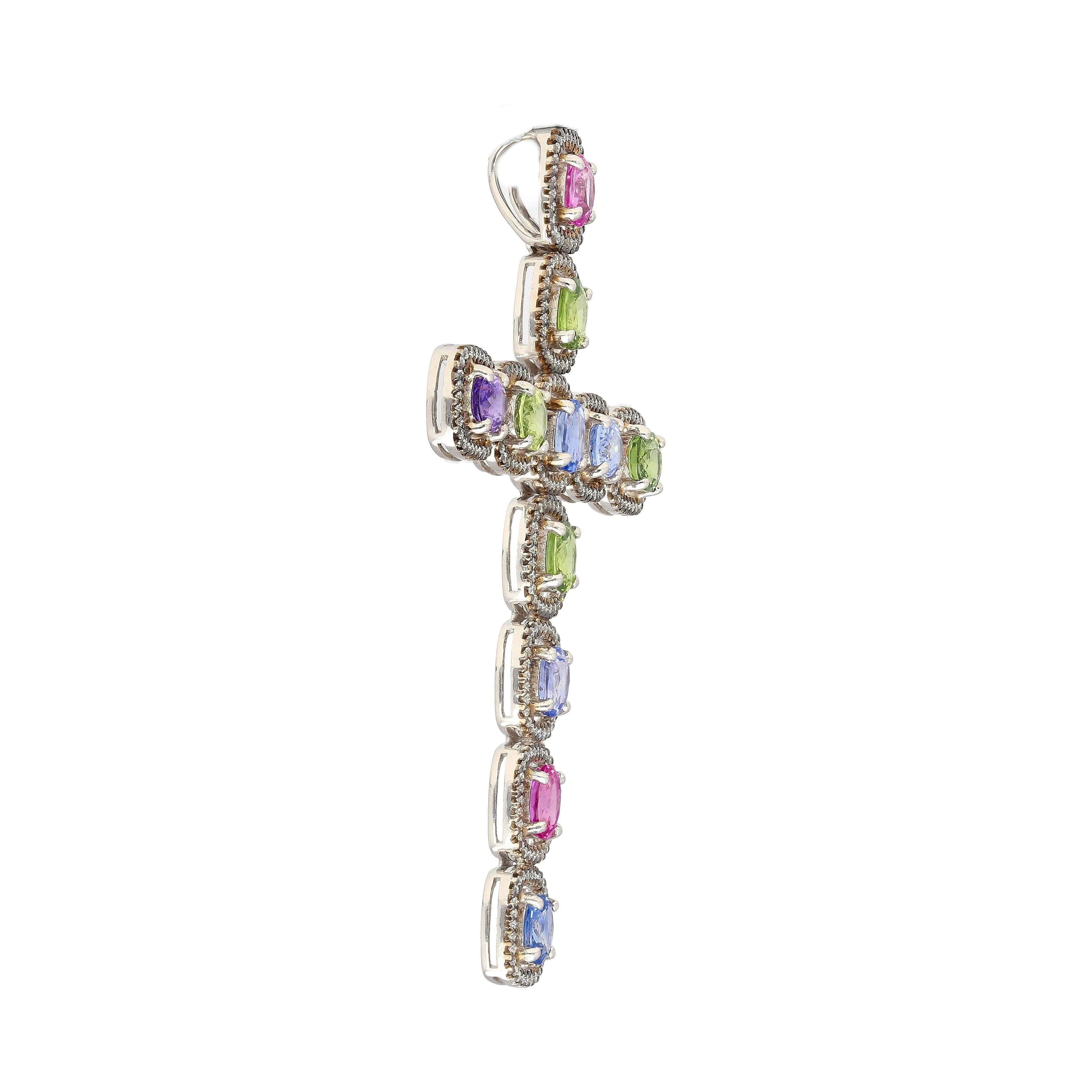 5.39 Carat Multicolored Natural Sapphire & Diamond Cross Pendant