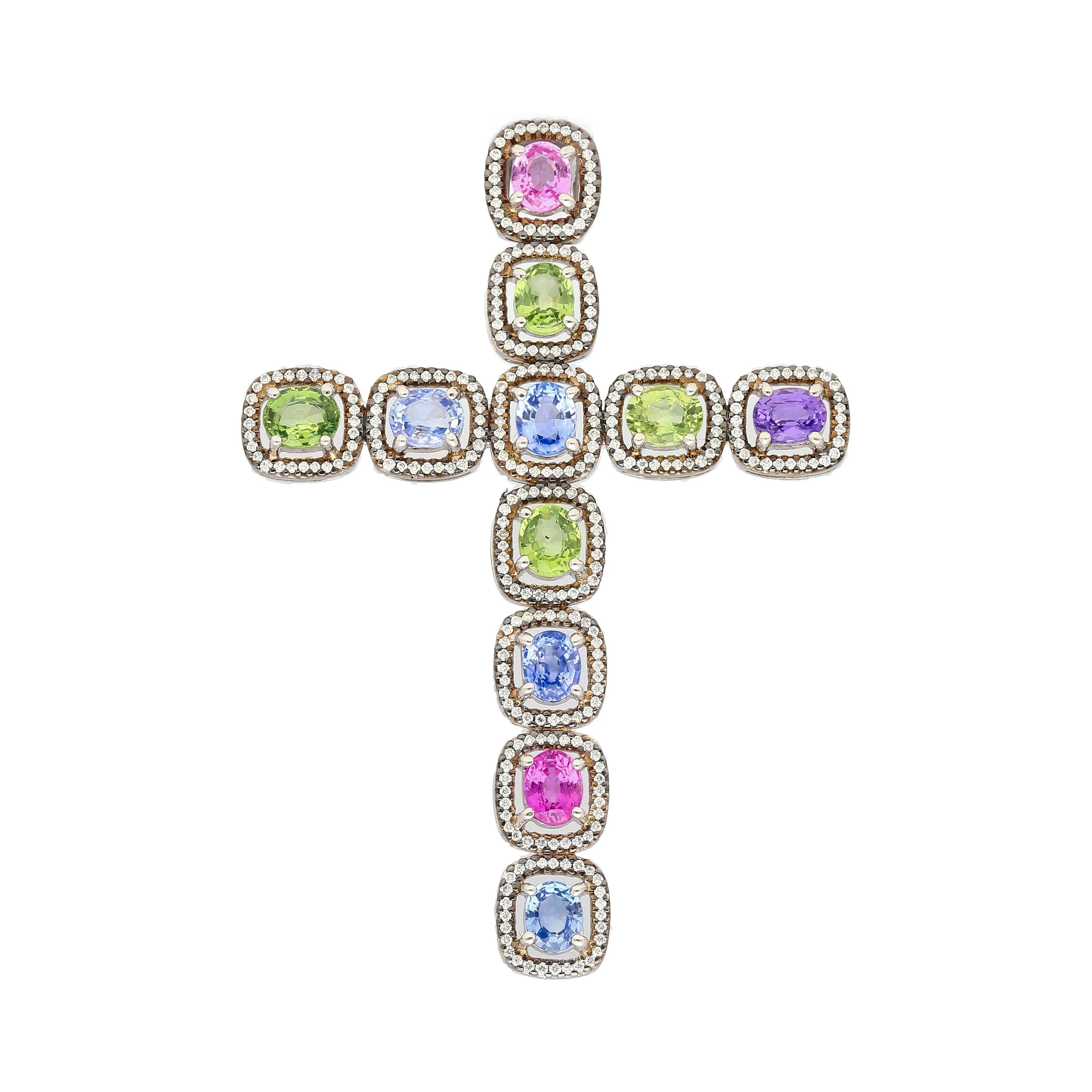 5.39 Carat Multicolored Natural Sapphire & Diamond Cross Pendant