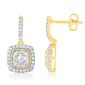 9ct Yellow Gold 1 Carat Diamond Drop Earrings with 78 Diamonds