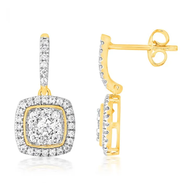 9ct Yellow Gold 1 Carat Diamond Drop Earrings with 78 Diamonds