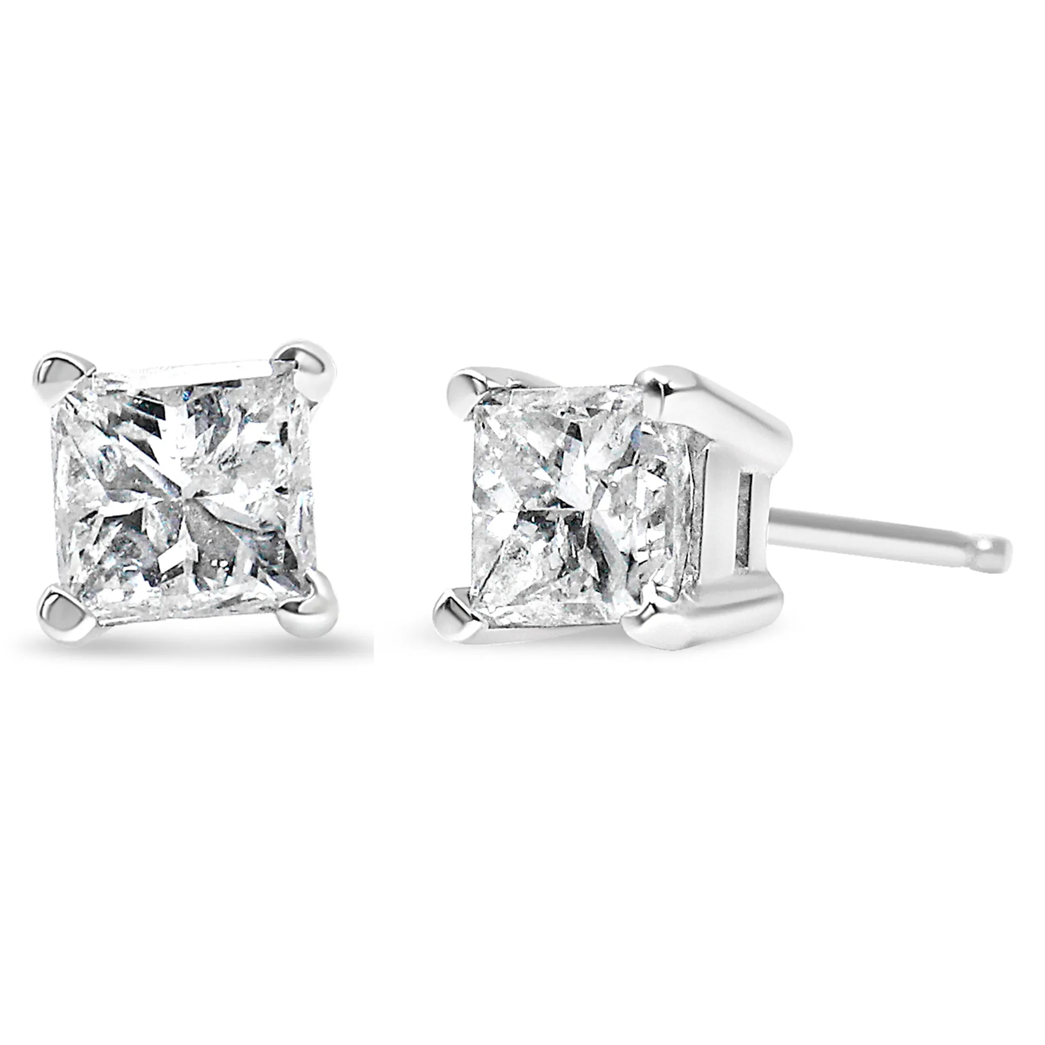 AGS Certified 1/4 Cttw Princess-Cut Square Diamond 4-Prong Solitaire Stud Earrings in 14K White Gold (H-I Color, I1-I2 Clarity)