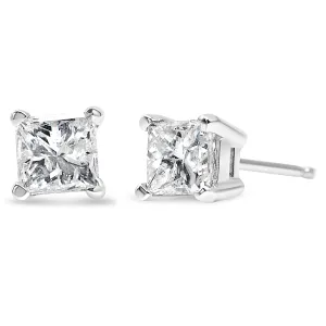 AGS Certified 1/4 Cttw Princess-Cut Square Diamond 4-Prong Solitaire Stud Earrings in 14K White Gold (H-I Color, I1-I2 Clarity)