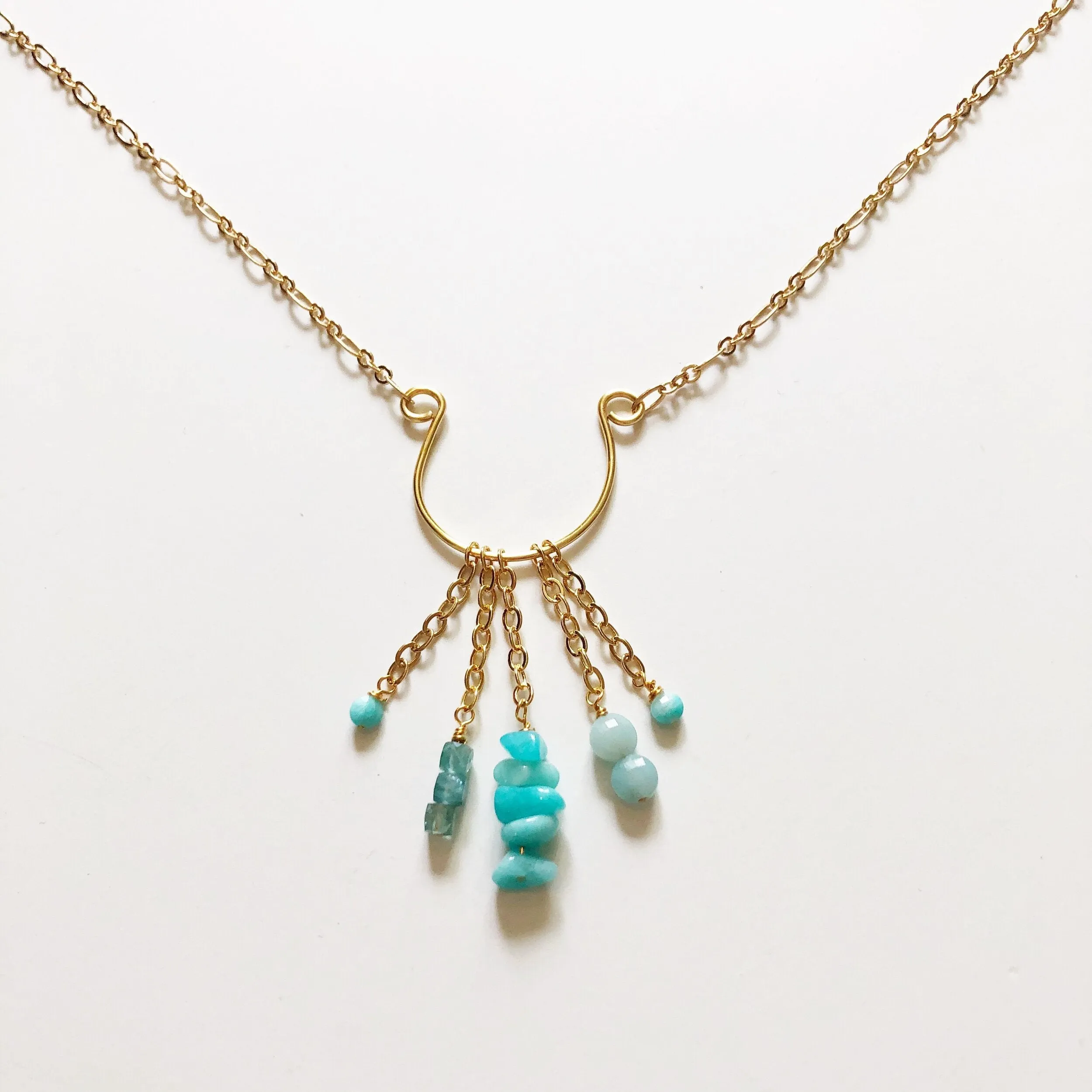 Amazonite and Aquamarine Horseshoe Pendant Charm Necklace in Gold (25 inches)