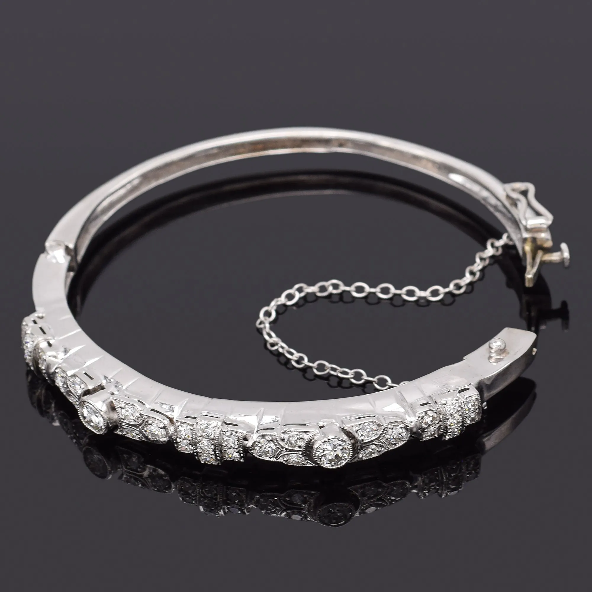 Antique 14K Gold Platinum 1.16TCW Diamond Art Deco Hinged Bangle Bracelet 16.3G