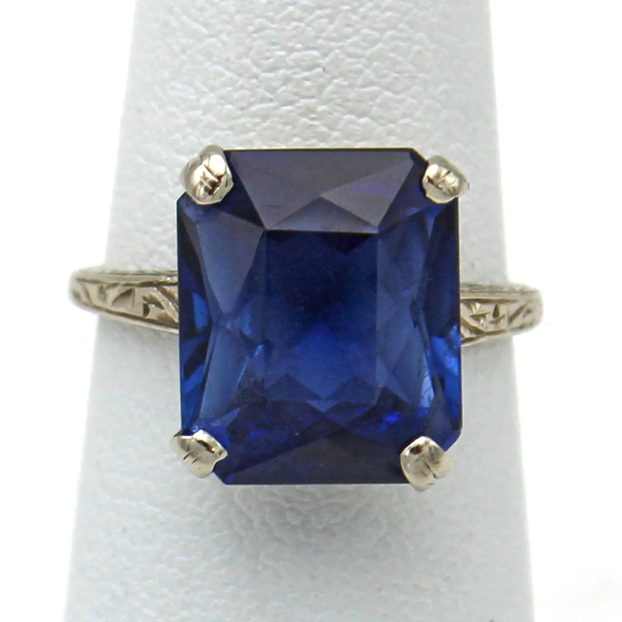 Antique 14K White Gold 7.20 Ct Lab Sapphire Cocktail Ring Size 3.5