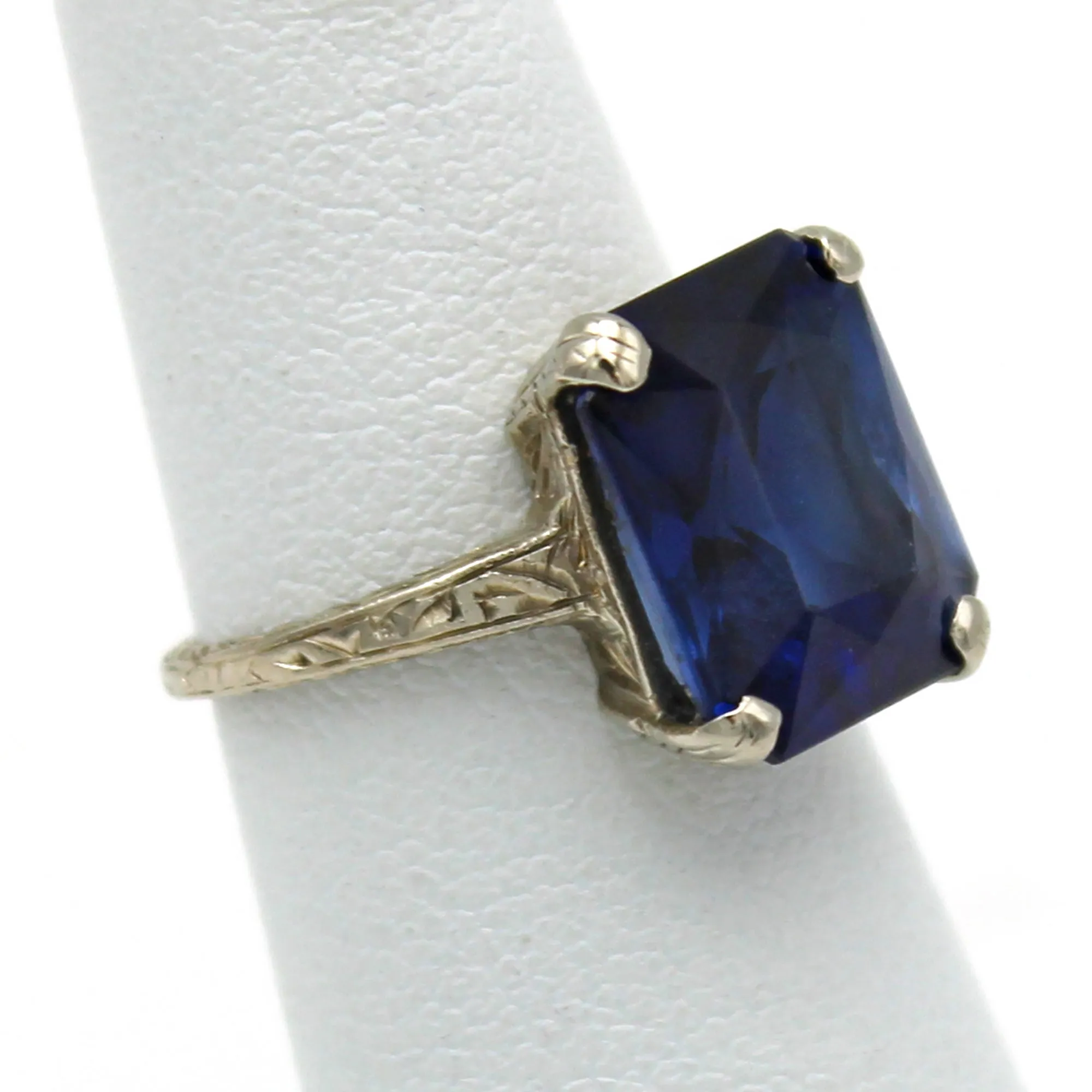 Antique 14K White Gold 7.20 Ct Lab Sapphire Cocktail Ring Size 3.5