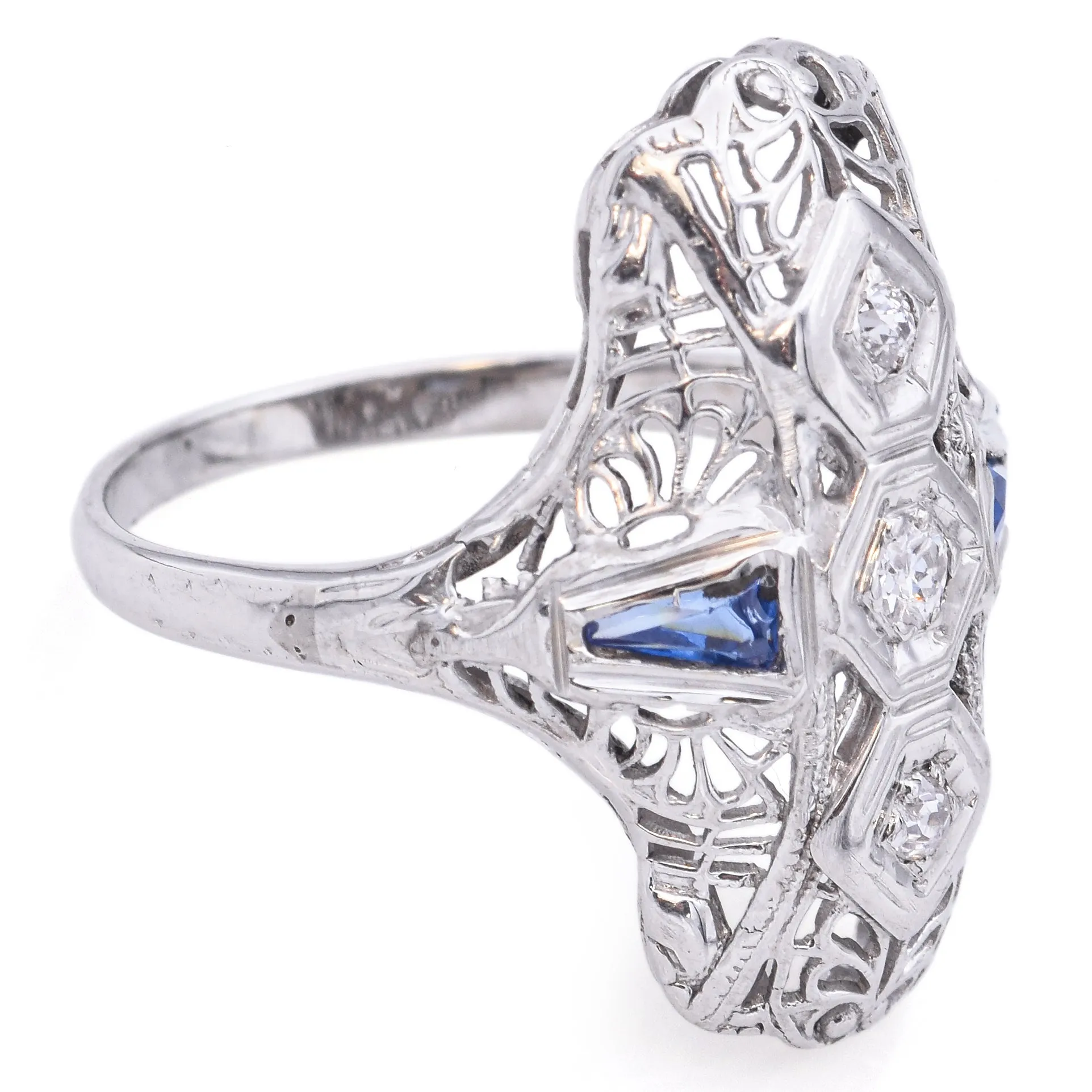 Antique 18K White Gold Lab Sapphire & Diamond Shield Cocktail Ring Size 6.5