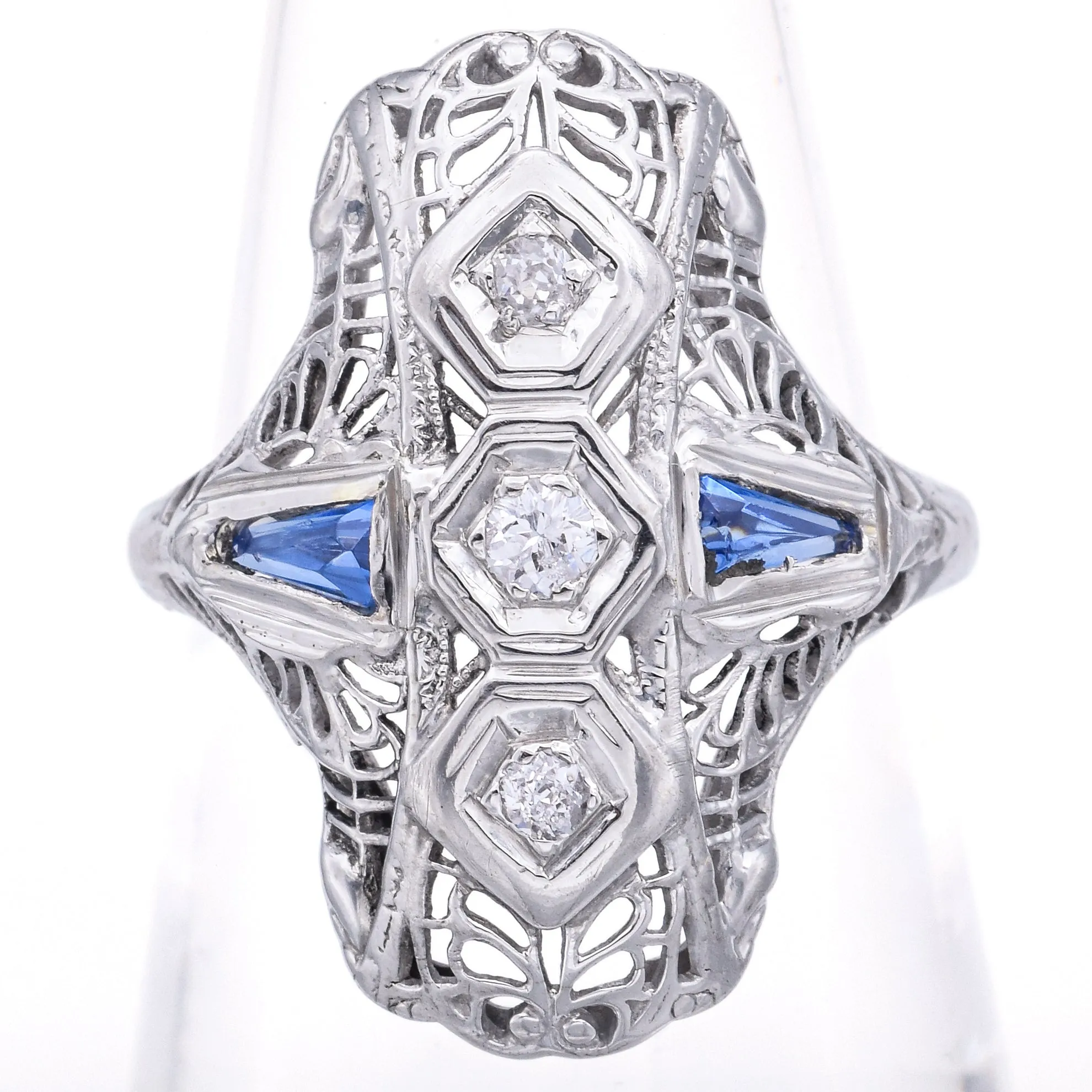 Antique 18K White Gold Lab Sapphire & Diamond Shield Cocktail Ring Size 6.5