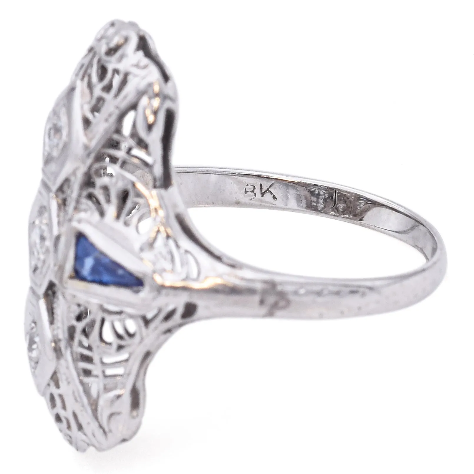 Antique 18K White Gold Lab Sapphire & Diamond Shield Cocktail Ring Size 6.5