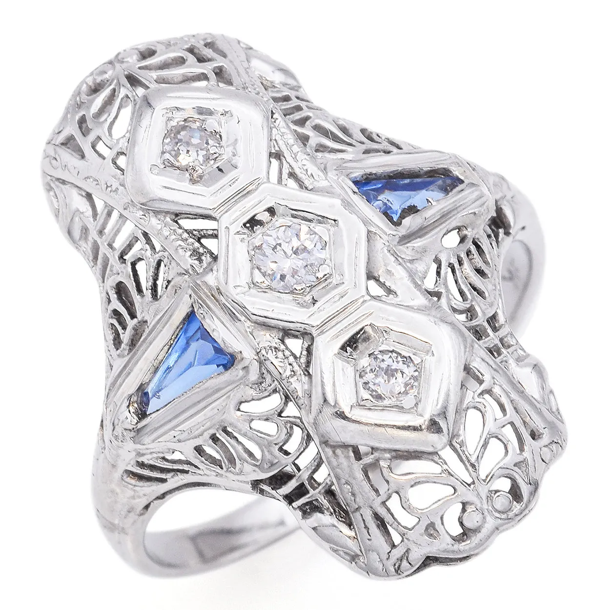 Antique 18K White Gold Lab Sapphire & Diamond Shield Cocktail Ring Size 6.5