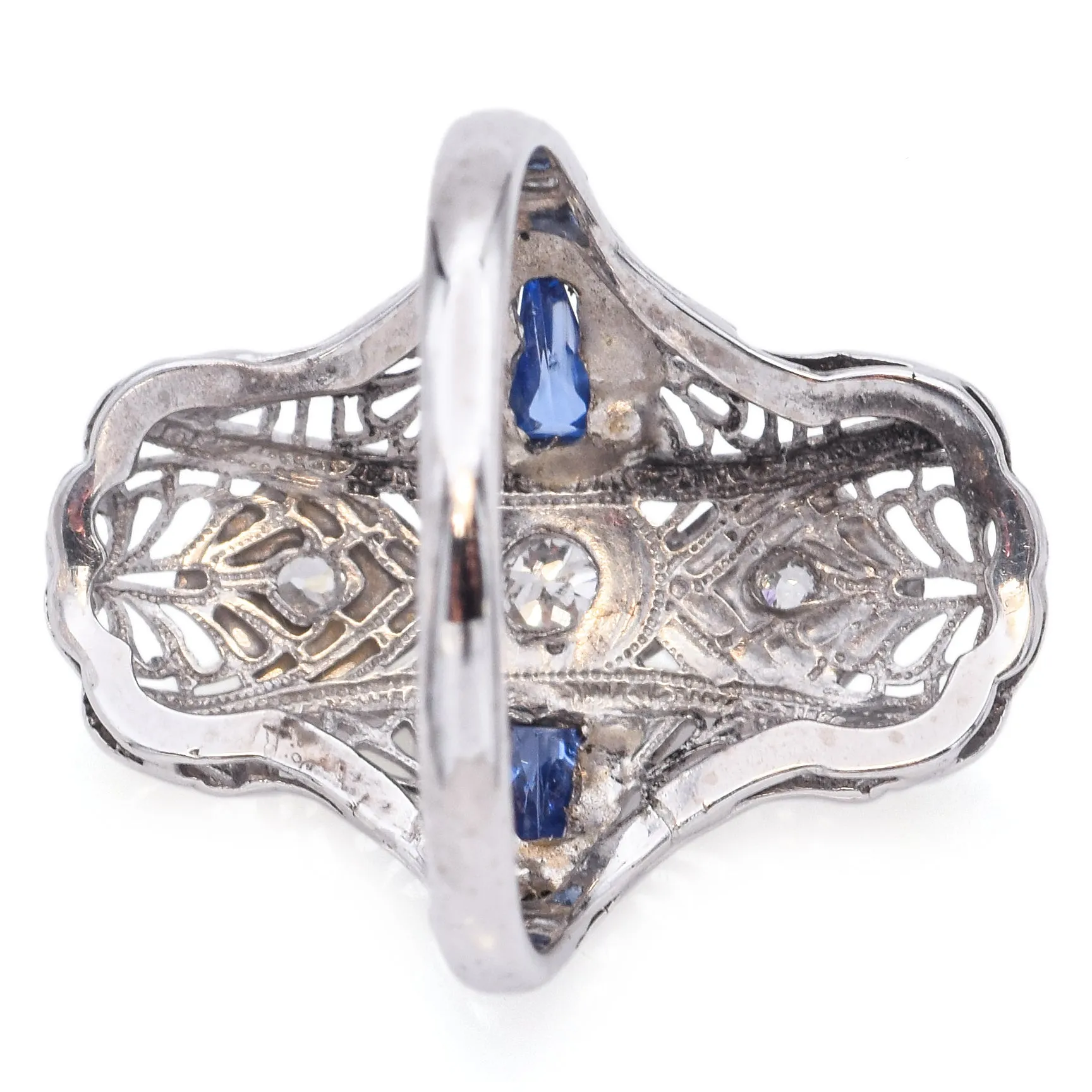 Antique 18K White Gold Lab Sapphire & Diamond Shield Cocktail Ring Size 6.5