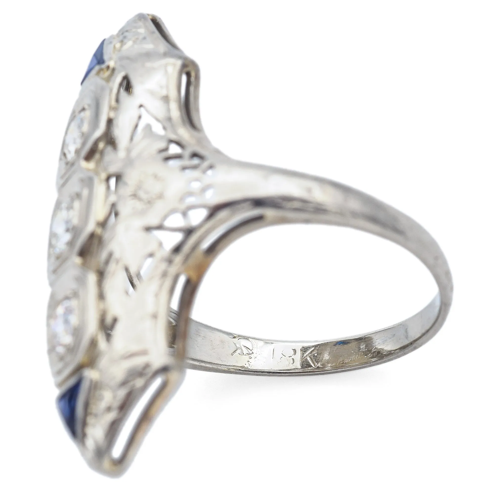 Antique Art Deco 18K White Gold 0.17 TCW Diamond & Sapphire Shield Cocktail Ring