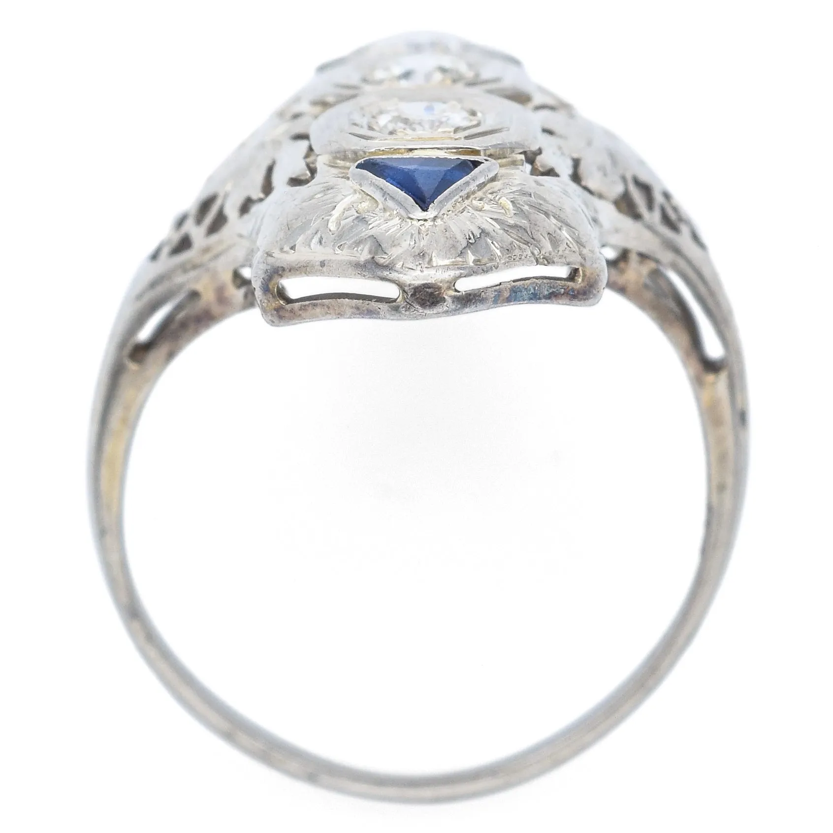 Antique Art Deco 18K White Gold 0.17 TCW Diamond & Sapphire Shield Cocktail Ring