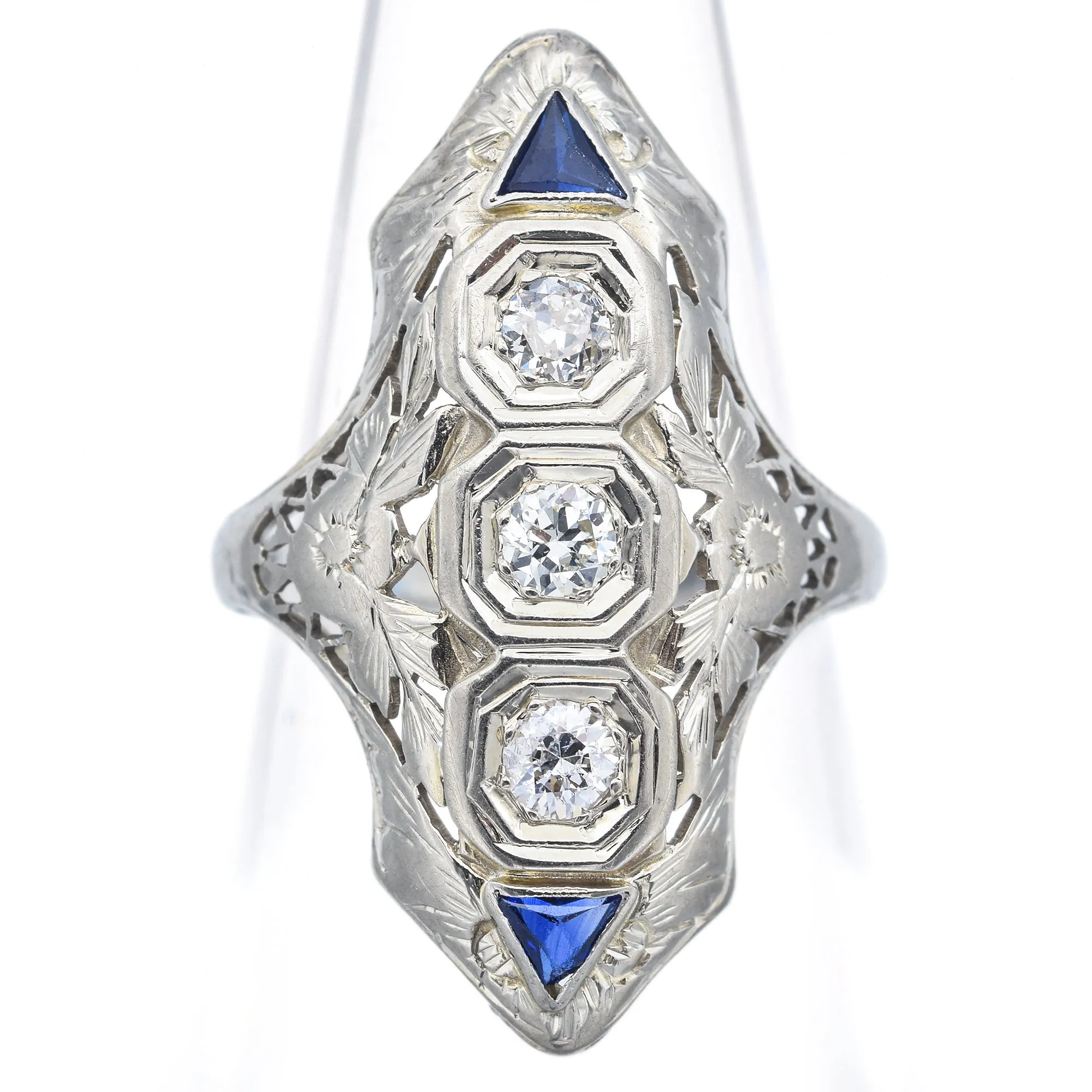 Antique Art Deco 18K White Gold 0.17 TCW Diamond & Sapphire Shield Cocktail Ring