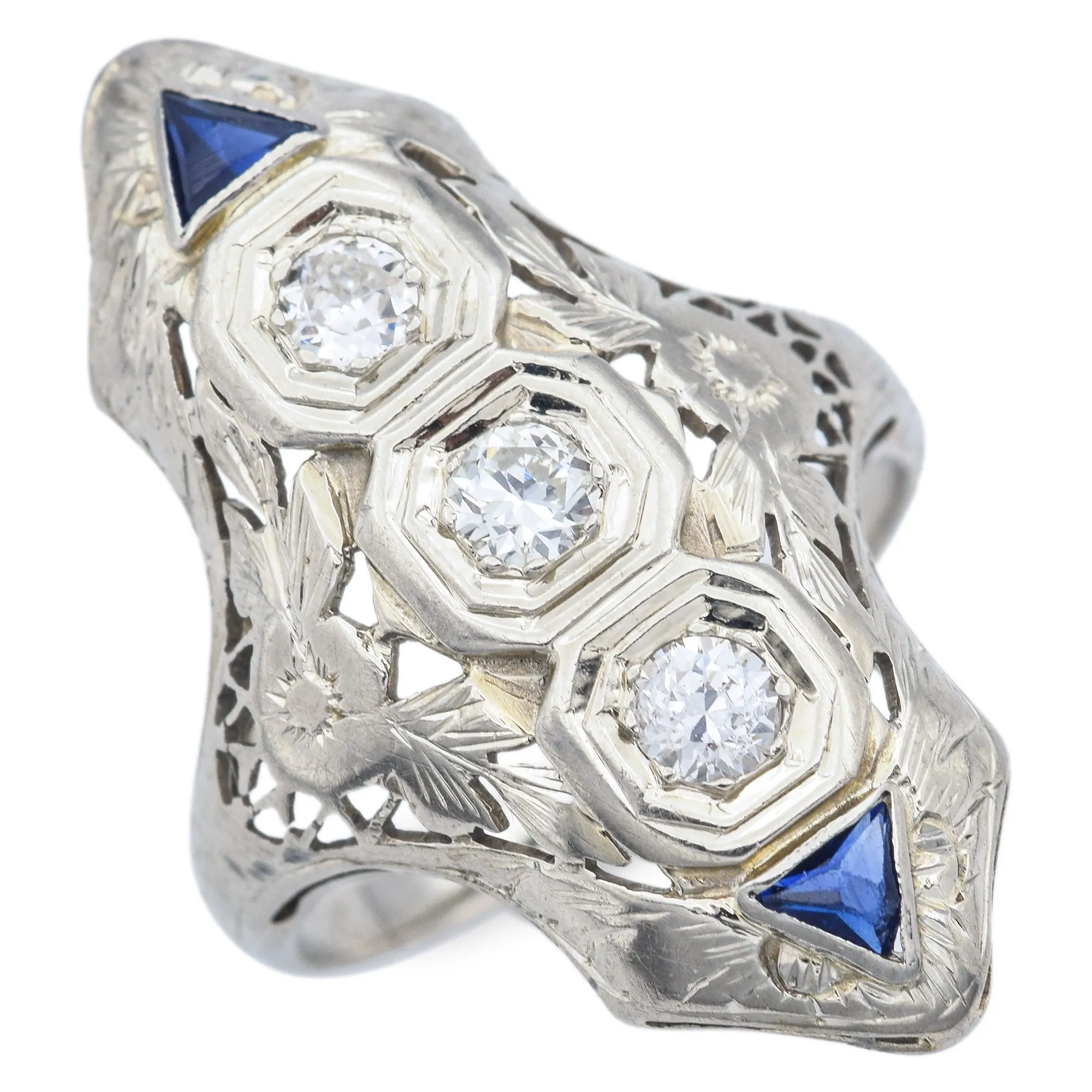 Antique Art Deco 18K White Gold 0.17 TCW Diamond & Sapphire Shield Cocktail Ring