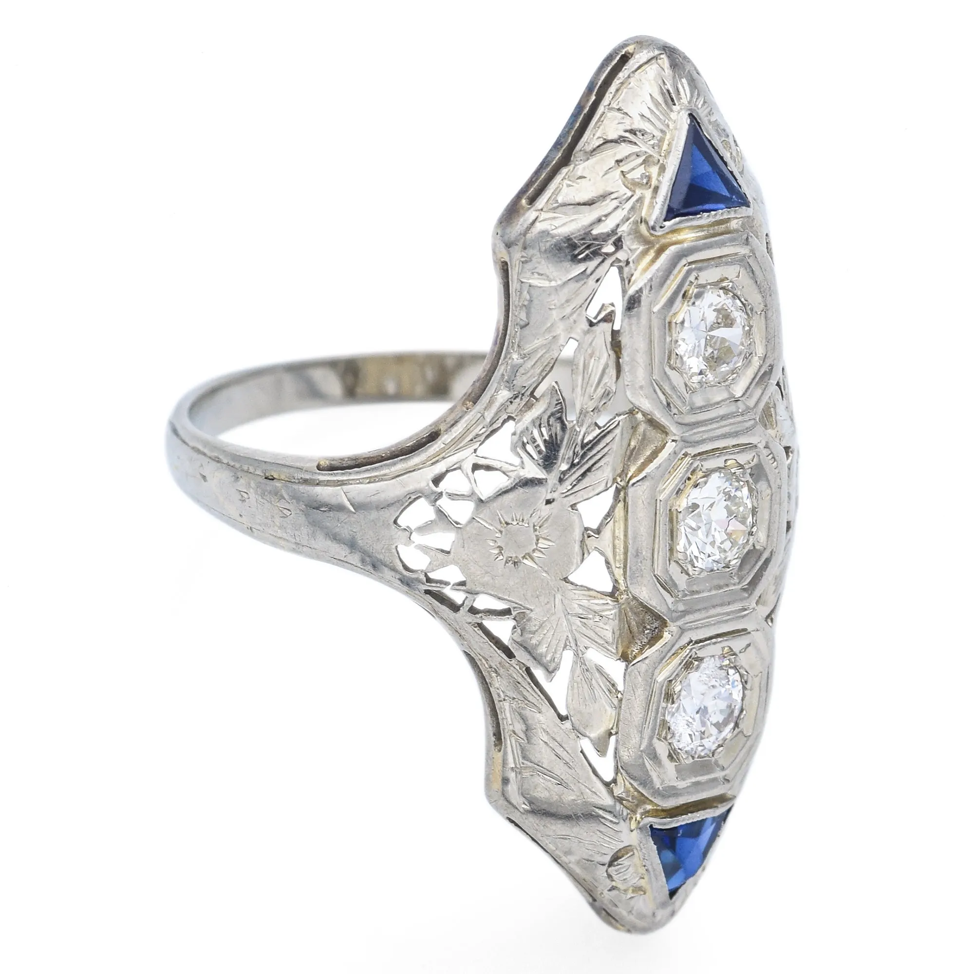 Antique Art Deco 18K White Gold 0.17 TCW Diamond & Sapphire Shield Cocktail Ring