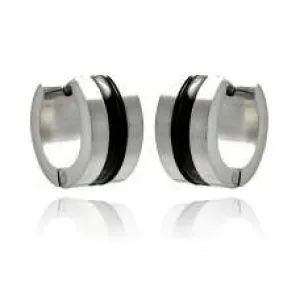 Black Striped Huggie Hoop Stainless Steel Earrings - For Men or Women