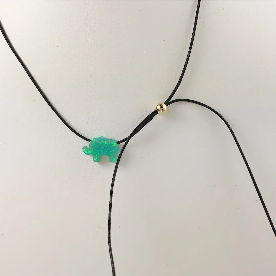 Blue /Green Moon Opal Elephant Black Cord Necklace