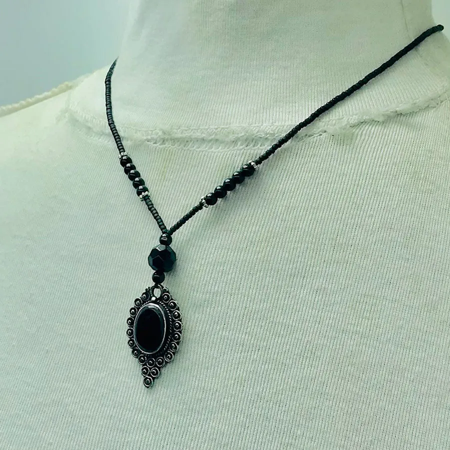 Bohemian Black Onyx-Style Pendant Necklace