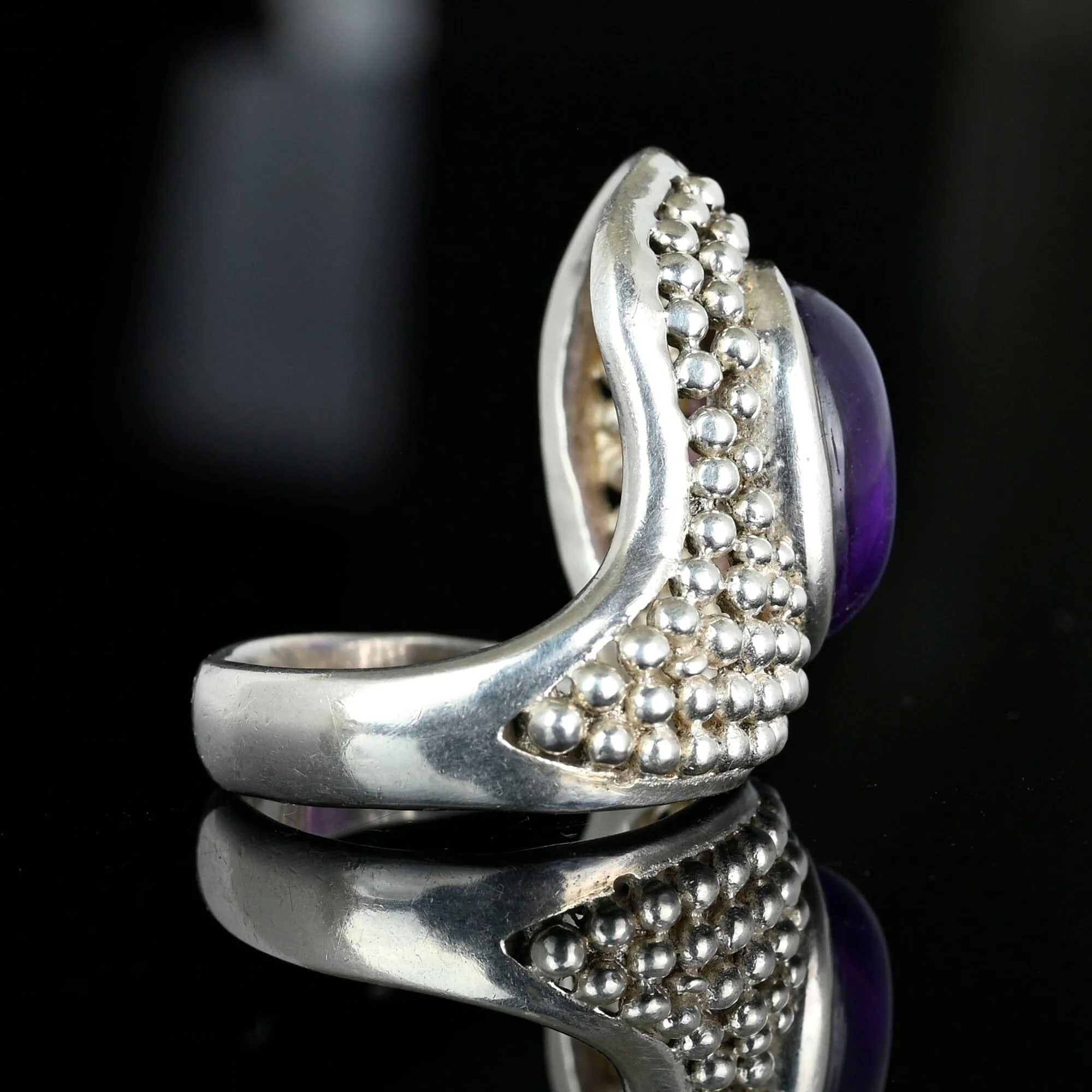 Bold Vintage Silver Amethyst Cabochon Snake Ring