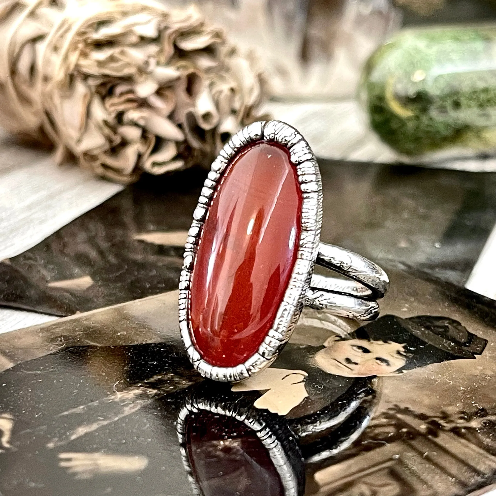 Carnelian Ring in Fine Silver, Big Natural Carnelian Crystal Statement Ring Size 7 8 9 / Foxlark Collection - One of a Kind