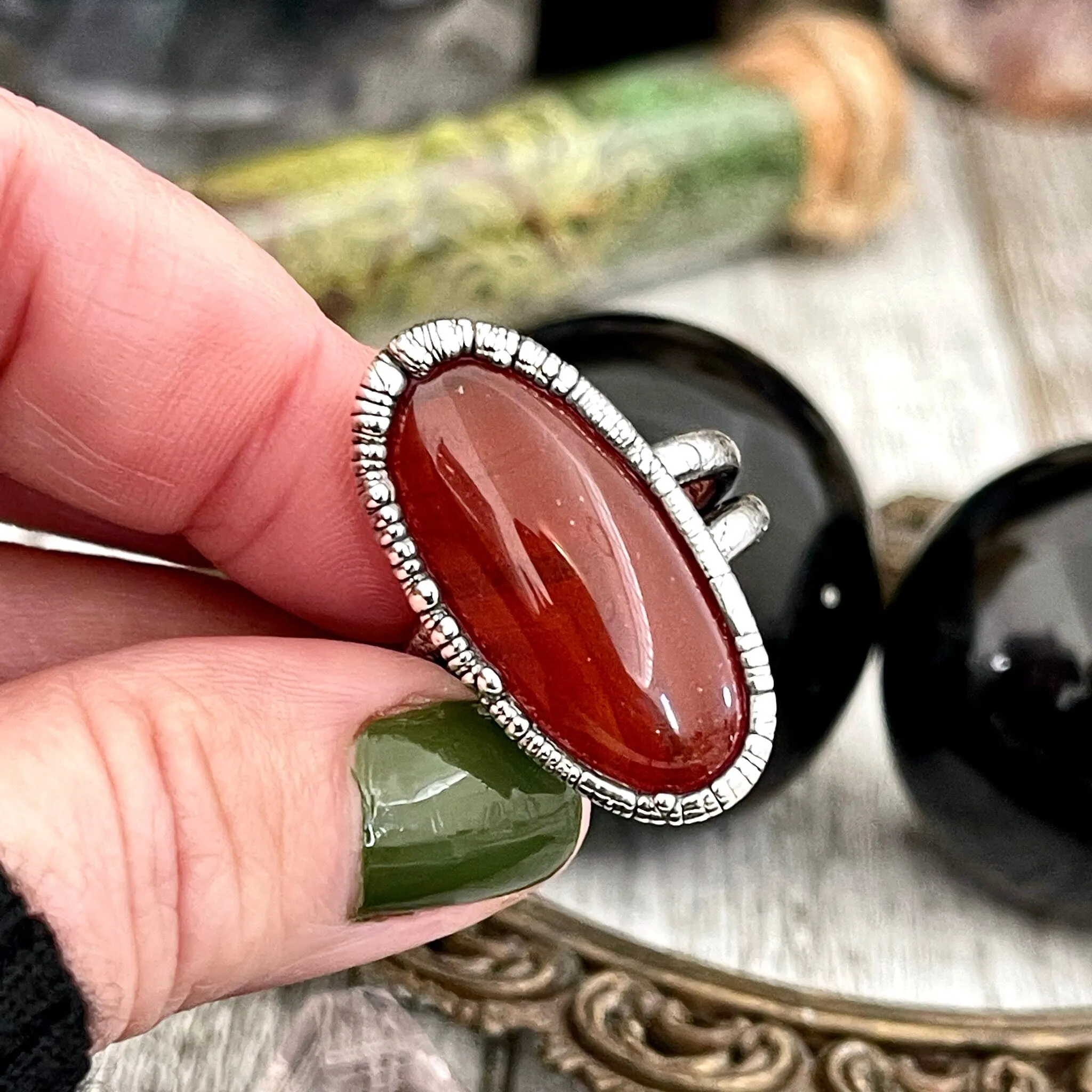 Carnelian Ring in Fine Silver, Big Natural Carnelian Crystal Statement Ring Size 7 8 9 / Foxlark Collection - One of a Kind