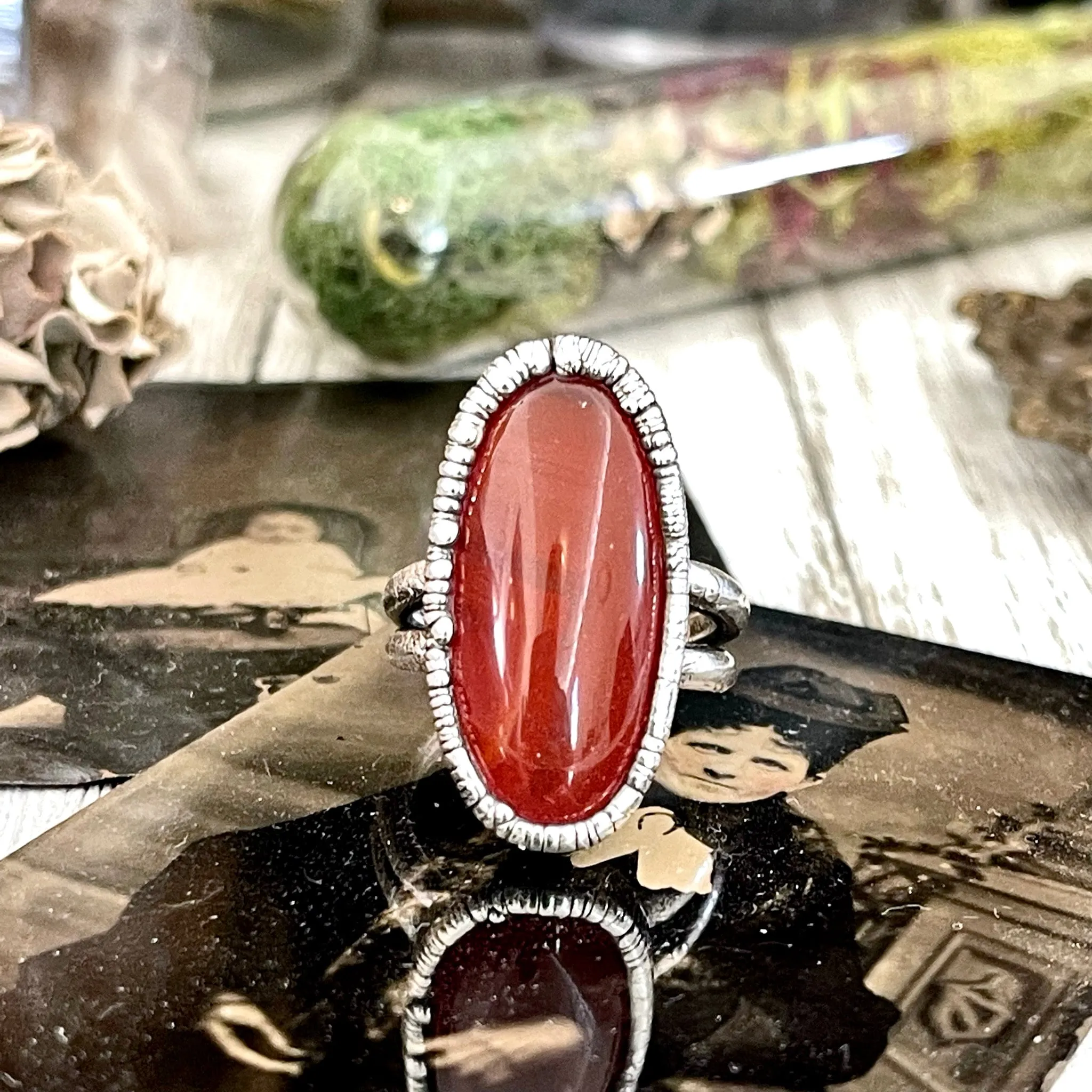 Carnelian Ring in Fine Silver, Big Natural Carnelian Crystal Statement Ring Size 7 8 9 / Foxlark Collection - One of a Kind