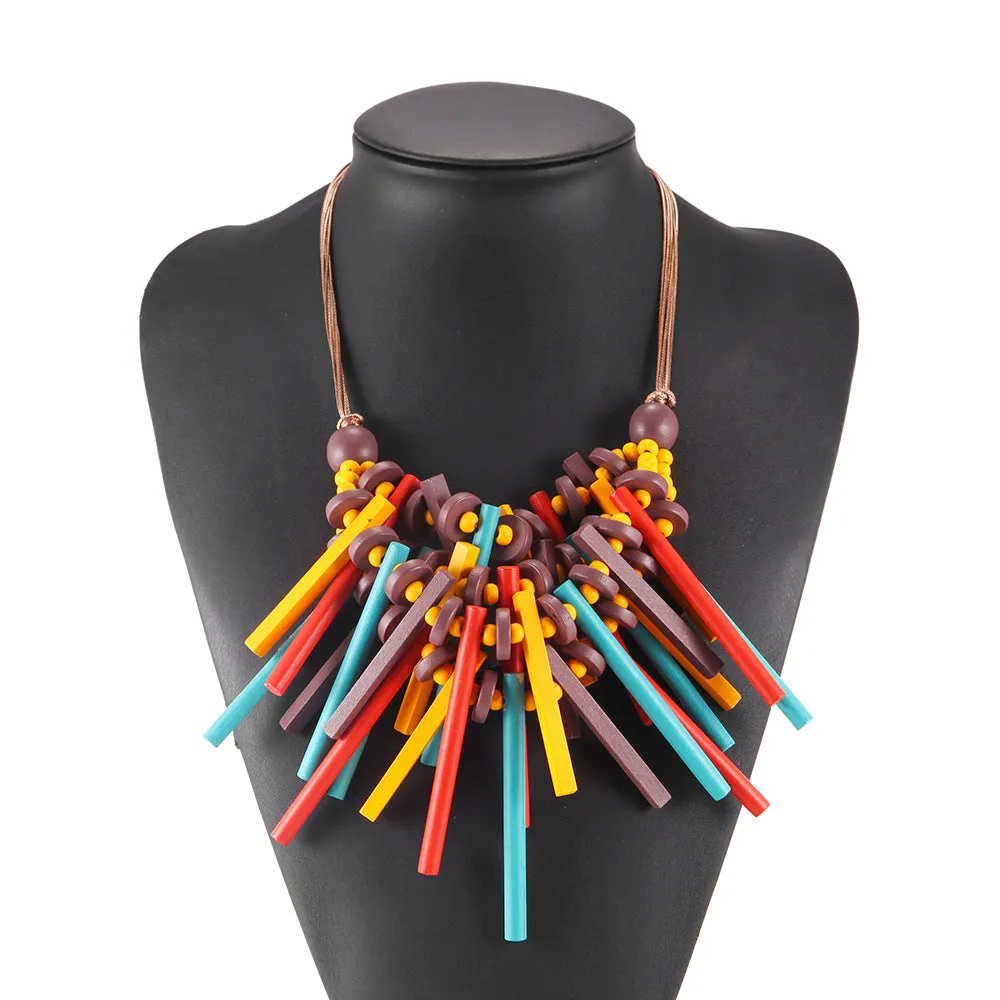 Colorful African Style Sappanwood Sweater Chain Necklace with Ethnic Charm