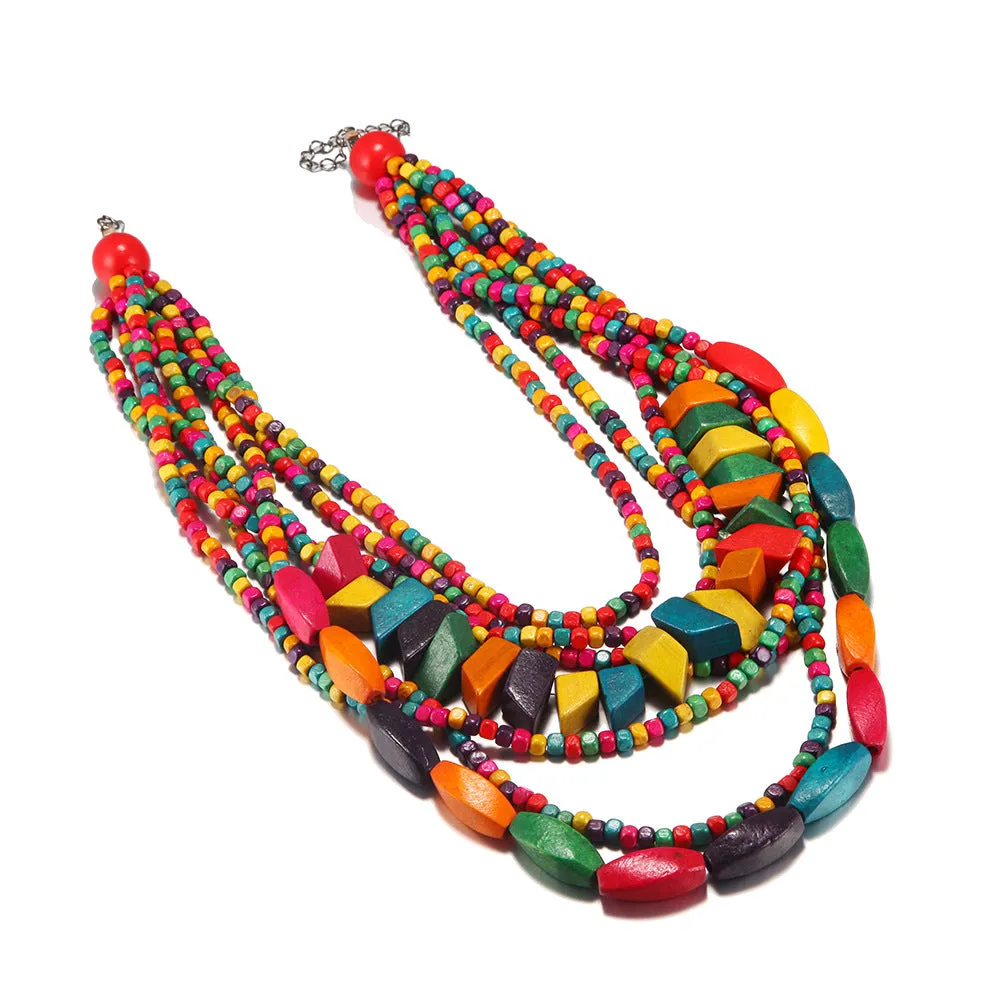 Colorful Wooden Savanna Rhythms Necklace Set with Ethnic Tassel and African Style Sweater Chain