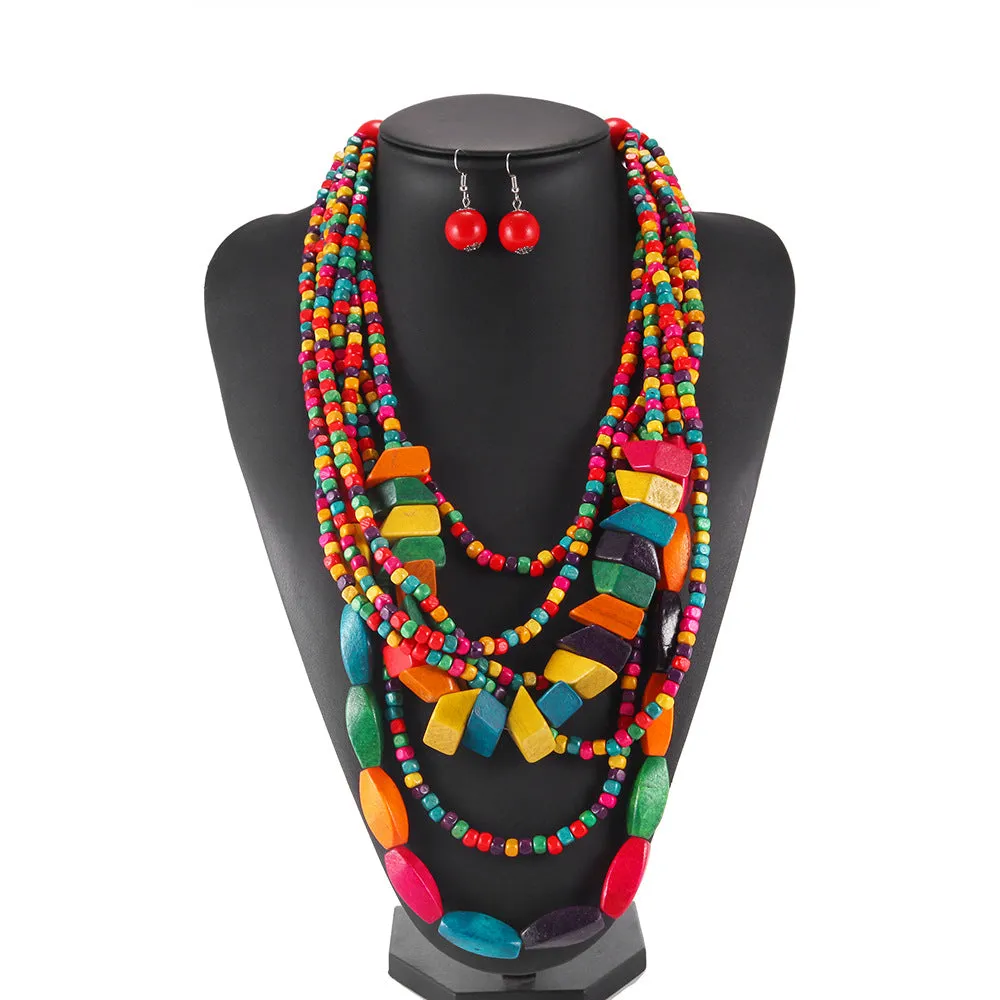 Colorful Wooden Savanna Rhythms Necklace Set with Ethnic Tassel and African Style Sweater Chain