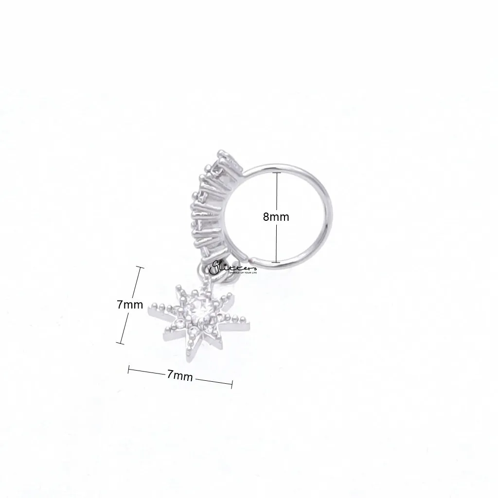 CZ Hoop Nose Ring with Dangle Star - Silver