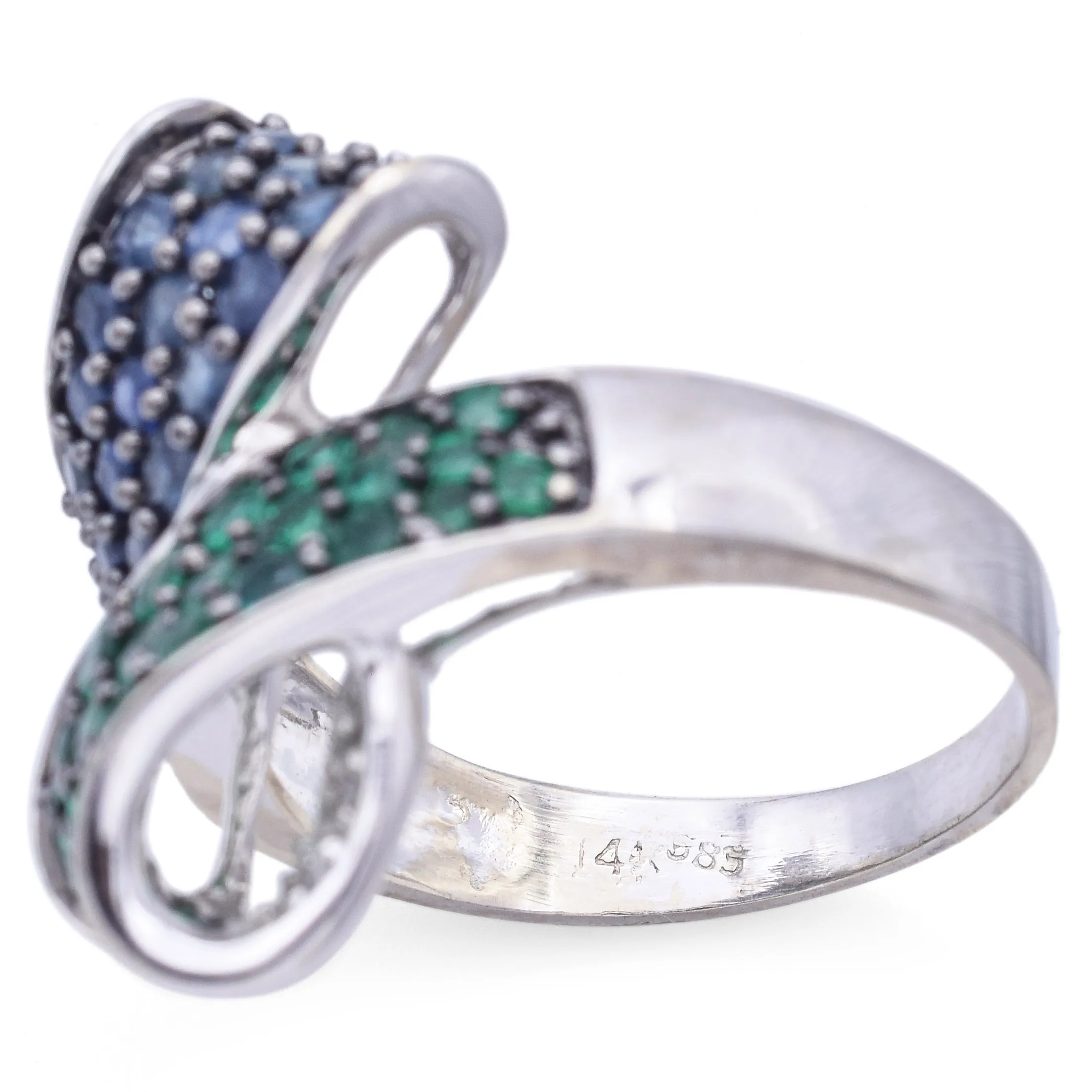 Estate 14K White Gold Sapphire, Emerald & Diamond Bypass Cocktail Ring Size 8.25