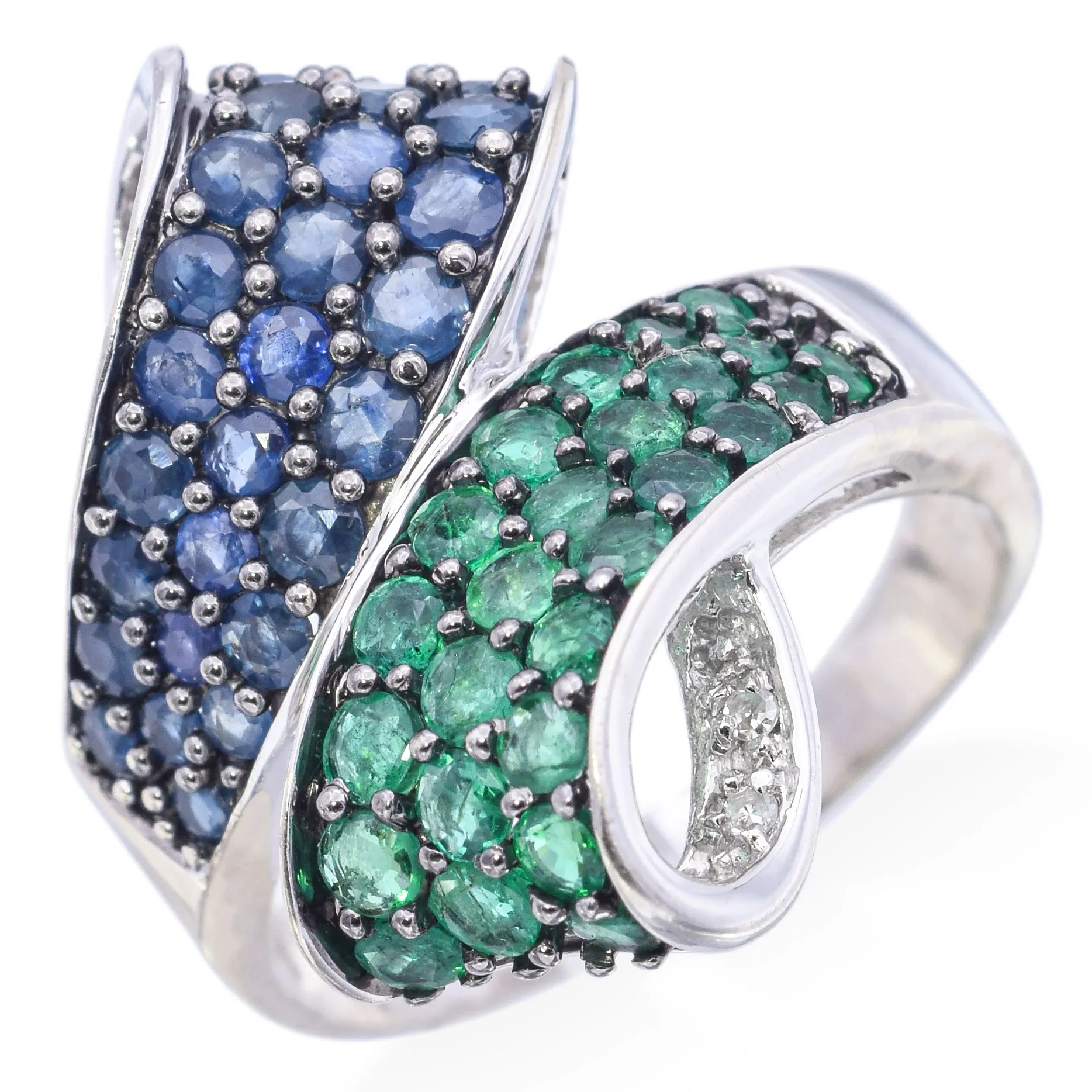 Estate 14K White Gold Sapphire, Emerald & Diamond Bypass Cocktail Ring Size 8.25