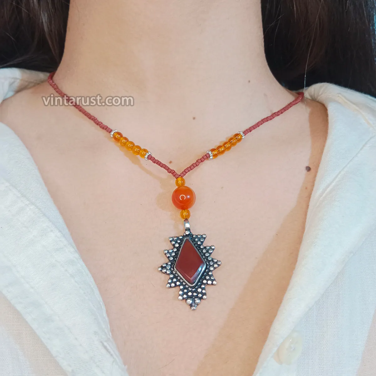 Ethnic Beaded Chain Pendant Necklace