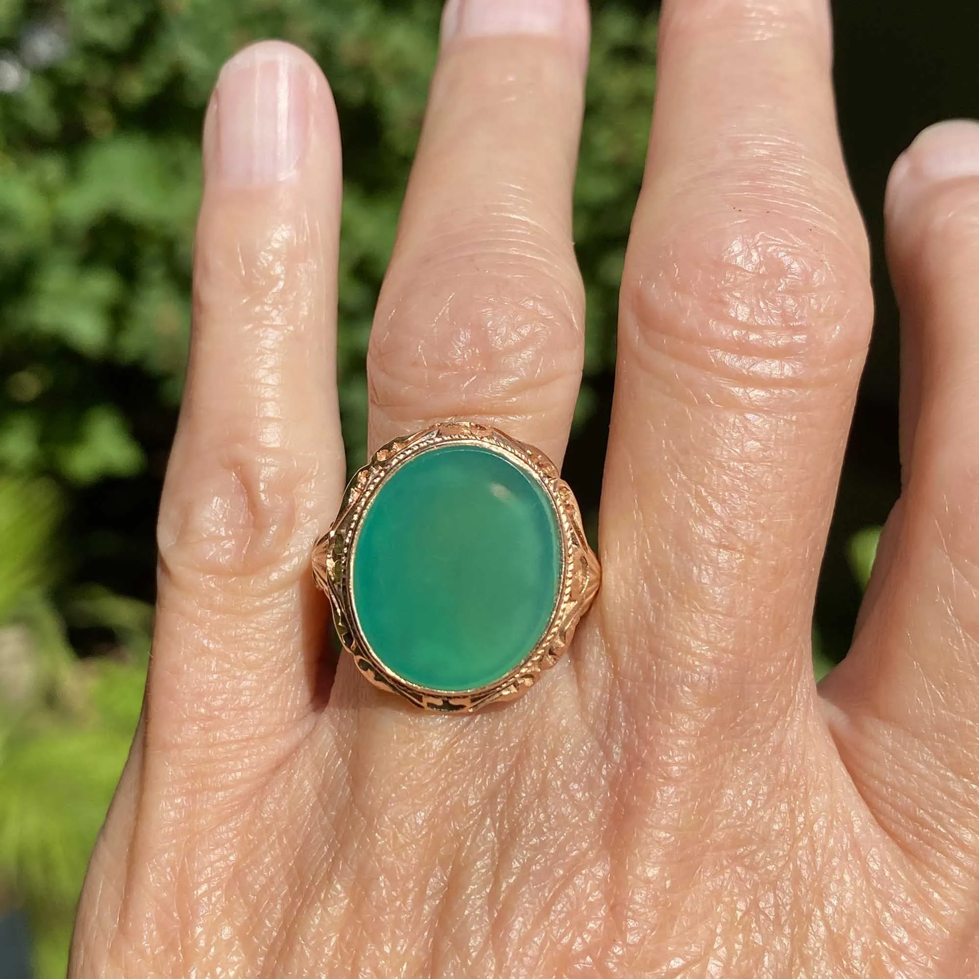 Final Payment Bold 14K Gold Cabochon Green Chrysoprase Ring