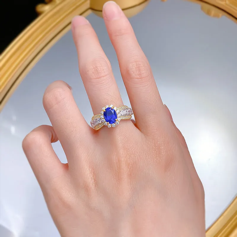 French lace edge simulated sapphire tail ring oval ring fashion ins index finger ring women's accessories