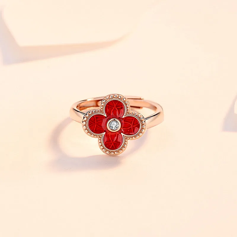 Garnet Red Four Leaf Clover Ring