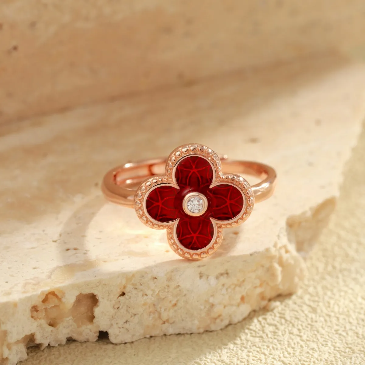 Garnet Red Four Leaf Clover Ring