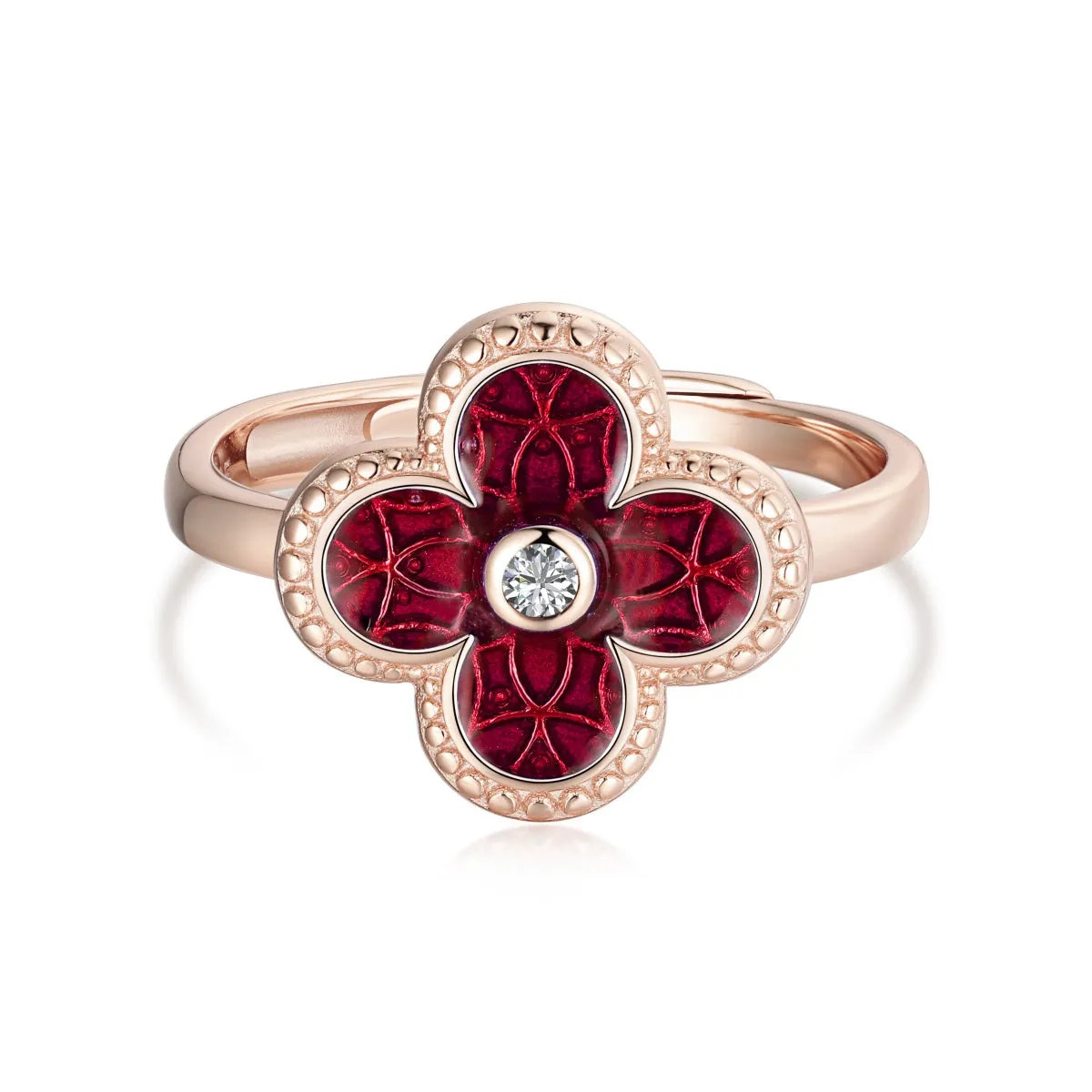 Garnet Red Four Leaf Clover Ring