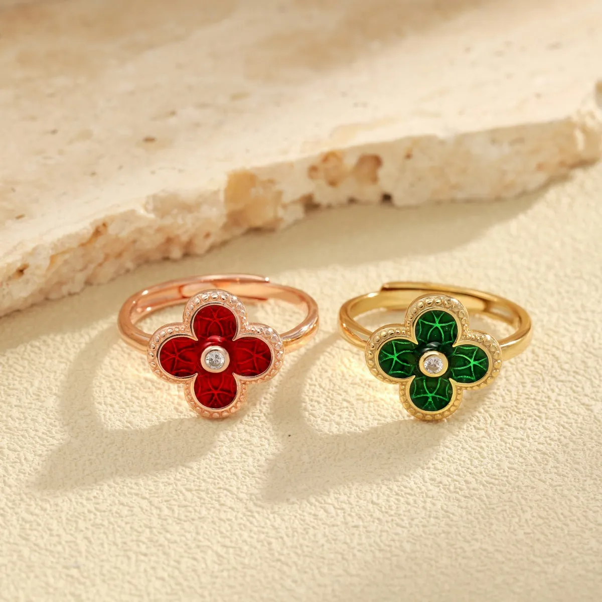 Garnet Red Four Leaf Clover Ring