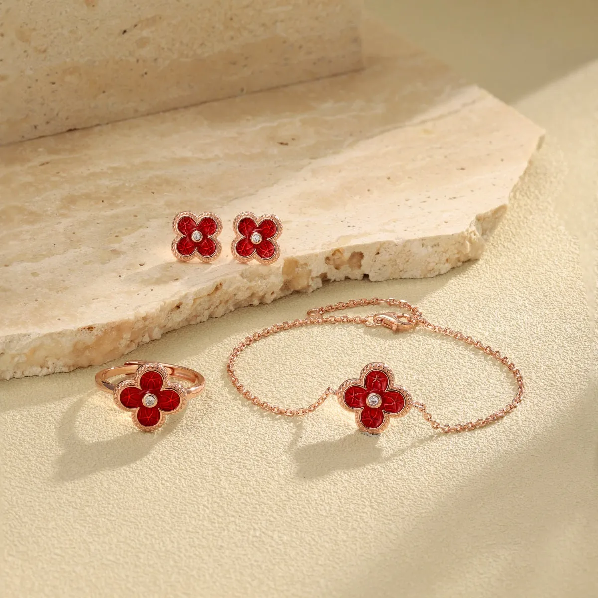 Garnet Red Four Leaf Clover Ring